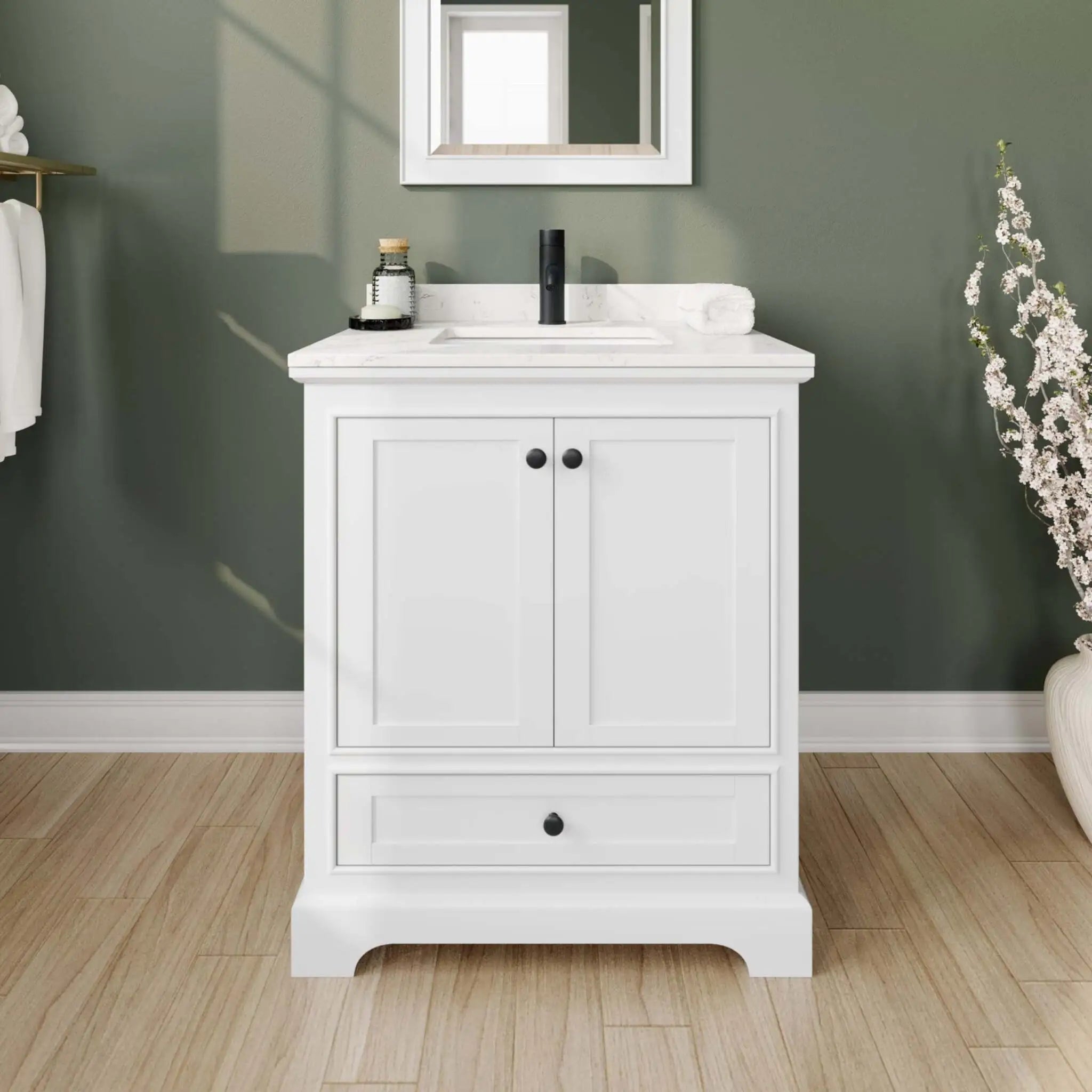 30" Deborah Single Bathroom Vanity in White with Matte Black Trim & 24" Mirror by Wyndham