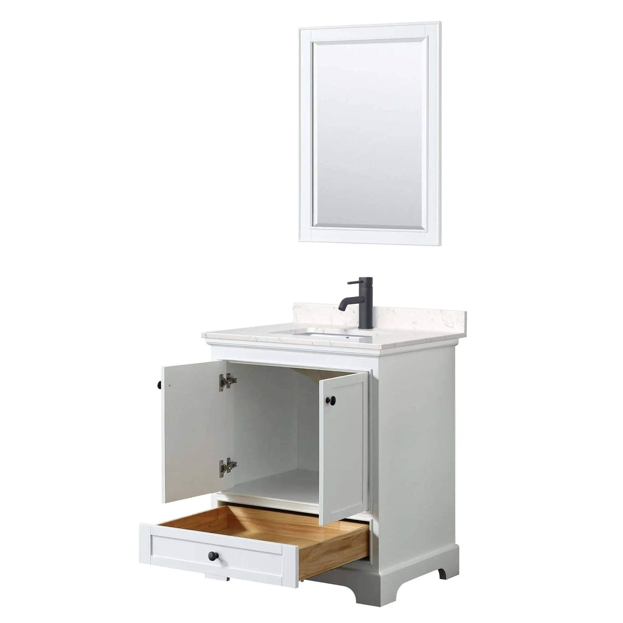 30" Deborah Single Bathroom Vanity in White with Matte Black Trim & 24" Mirror by Wyndham