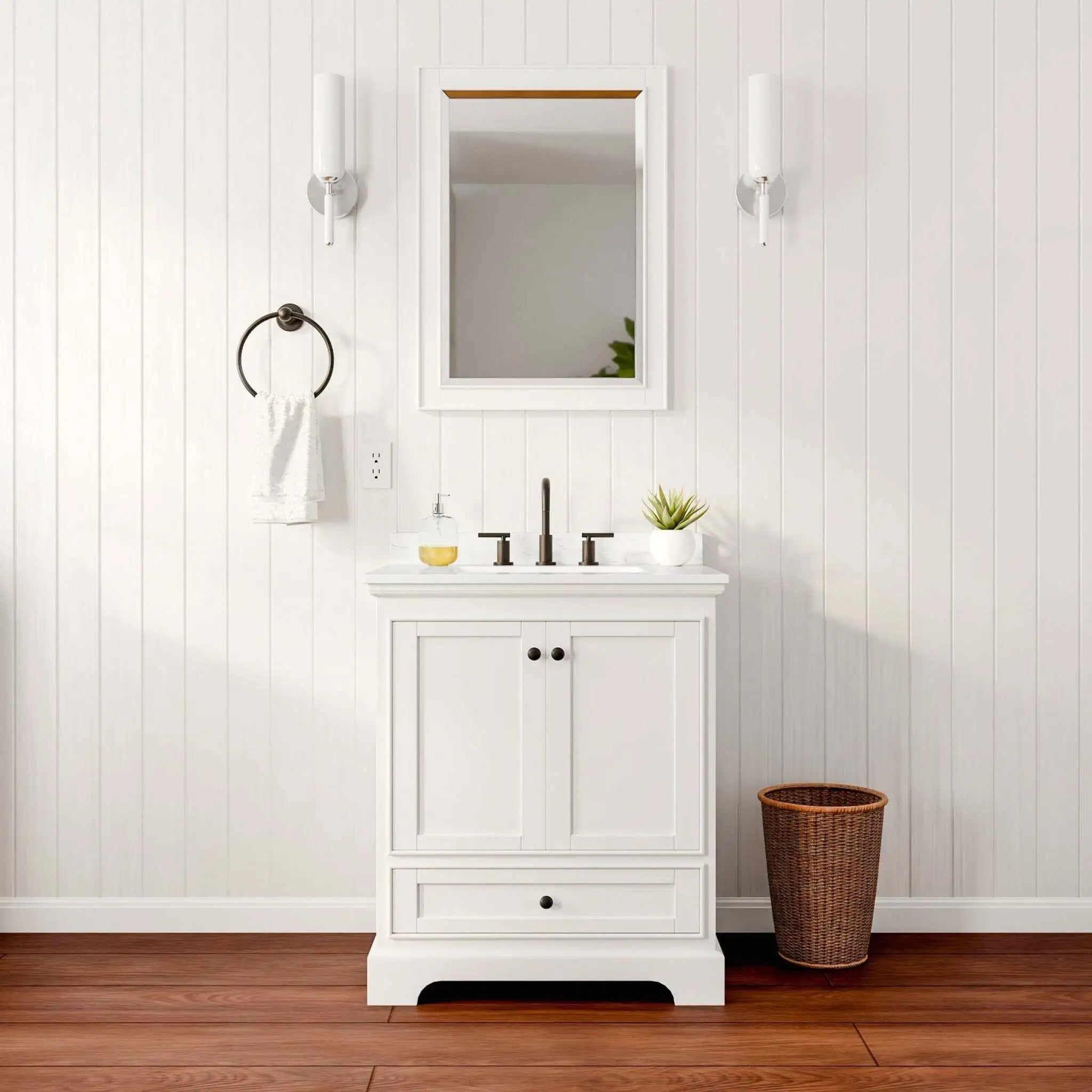 30" Deborah Single Bathroom Vanity in White with Matte Black Trim & 24" Mirror by Wyndham