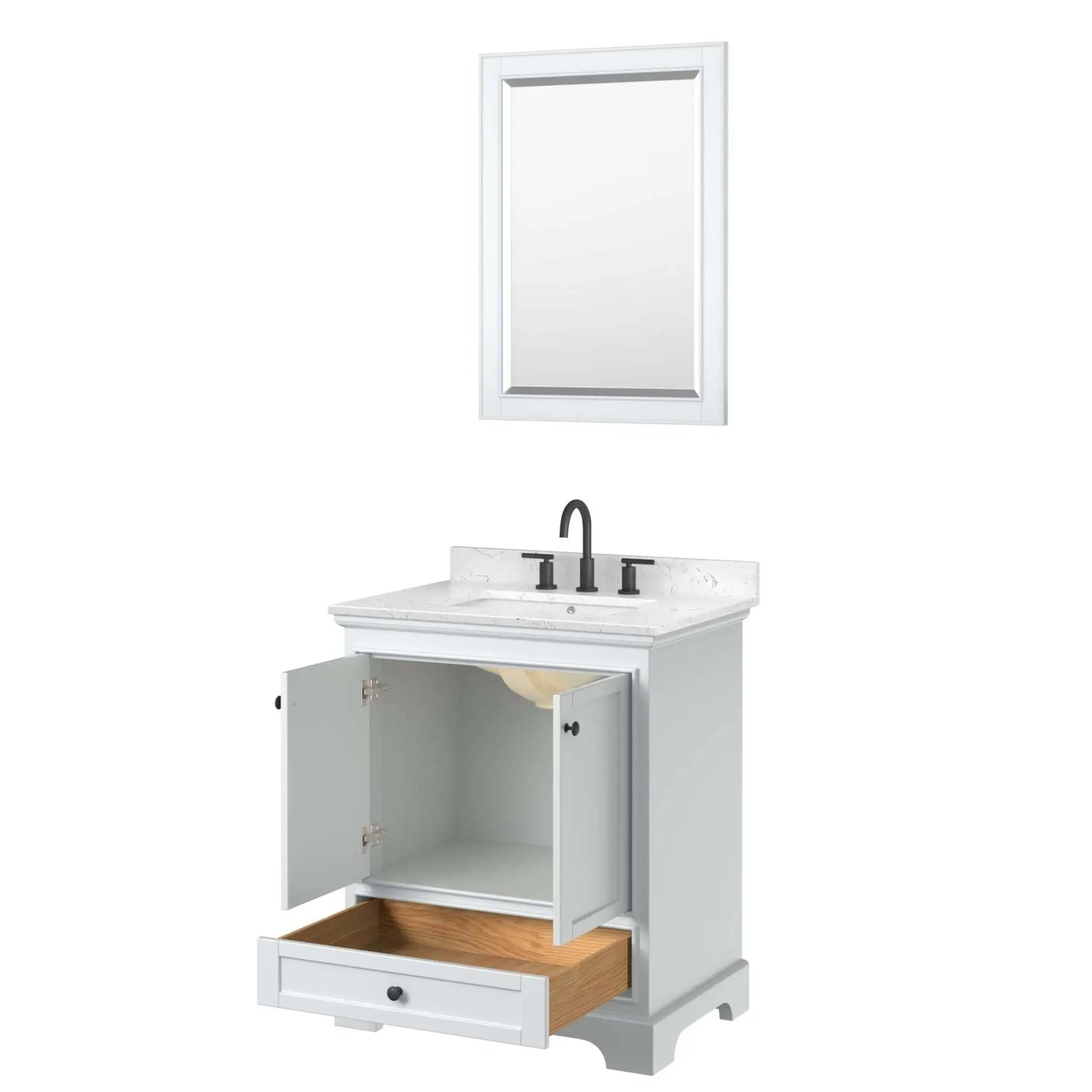 30" Deborah Single Bathroom Vanity in White with Matte Black Trim & 24" Mirror by Wyndham