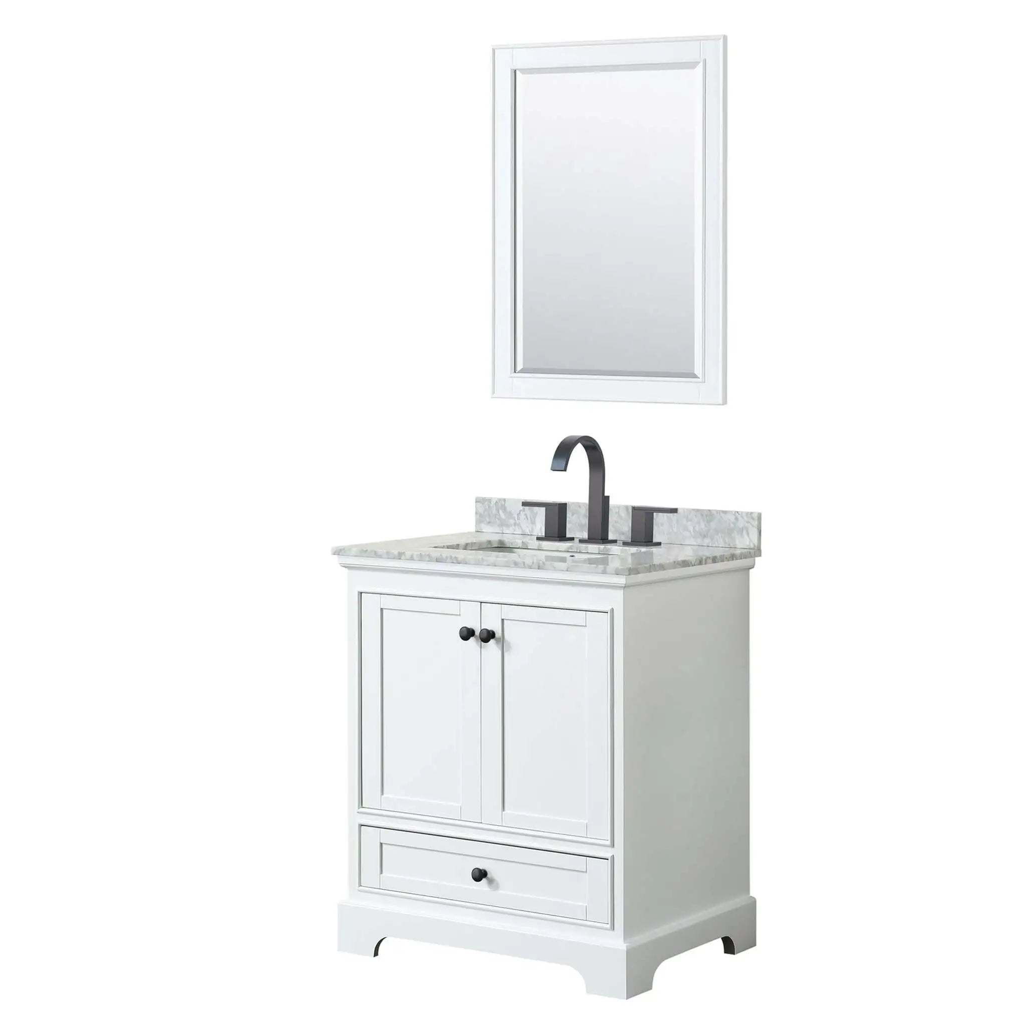 30" Deborah Single Bathroom Vanity in White with Matte Black Trim & 24" Mirror by Wyndham