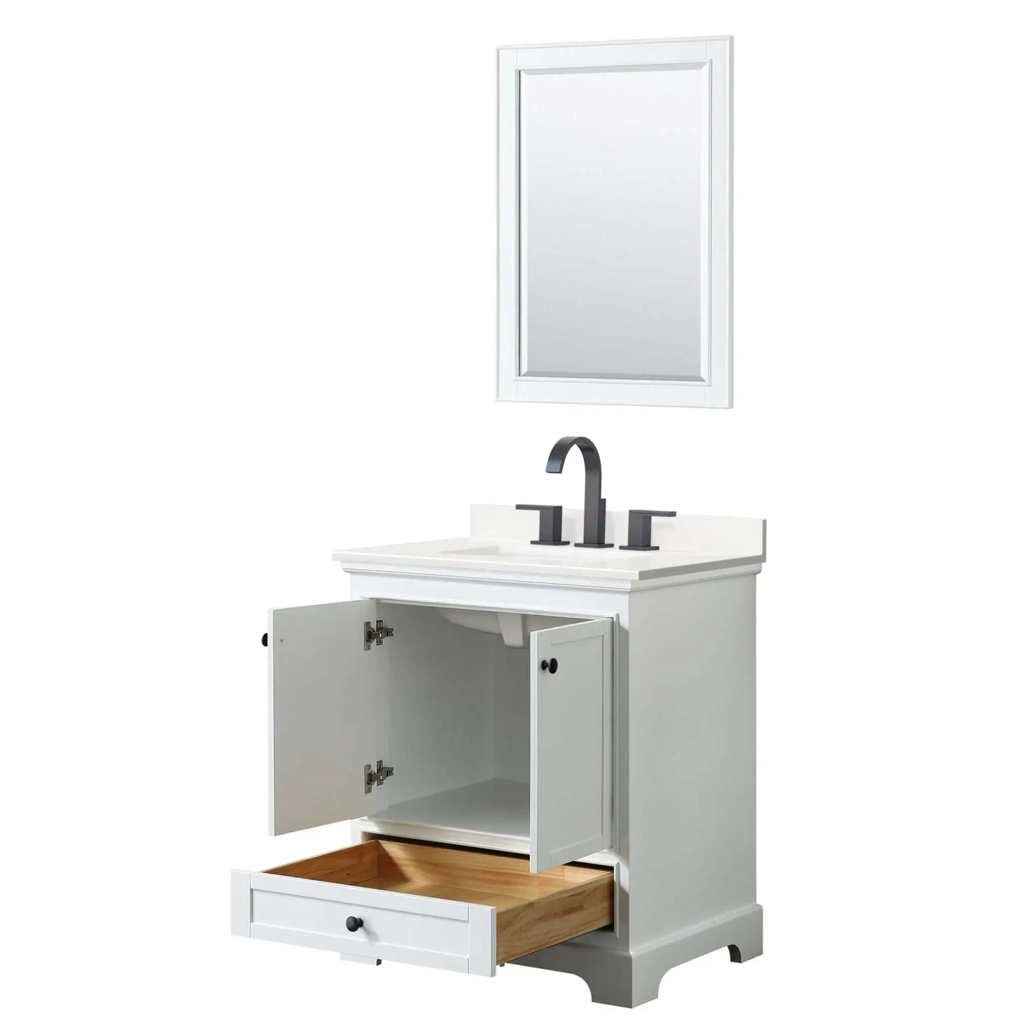 30" Deborah Single Bathroom Vanity in White with Matte Black Trim & 24" Mirror by Wyndham