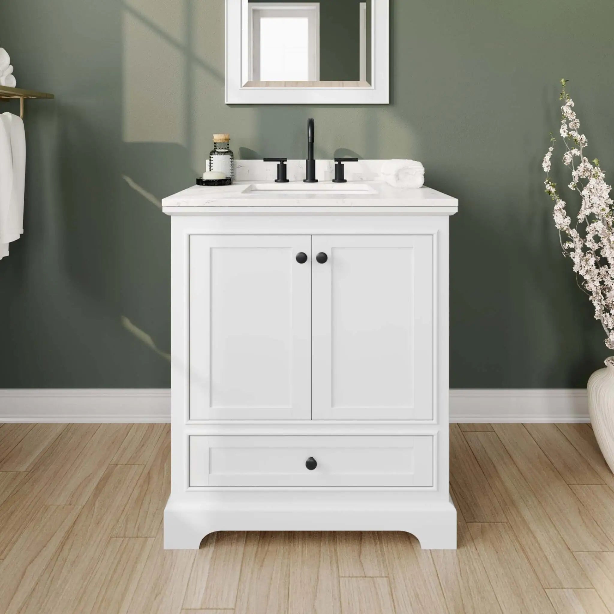 30" Deborah Single Bathroom Vanity in White with Matte Black Trim by Wyndham