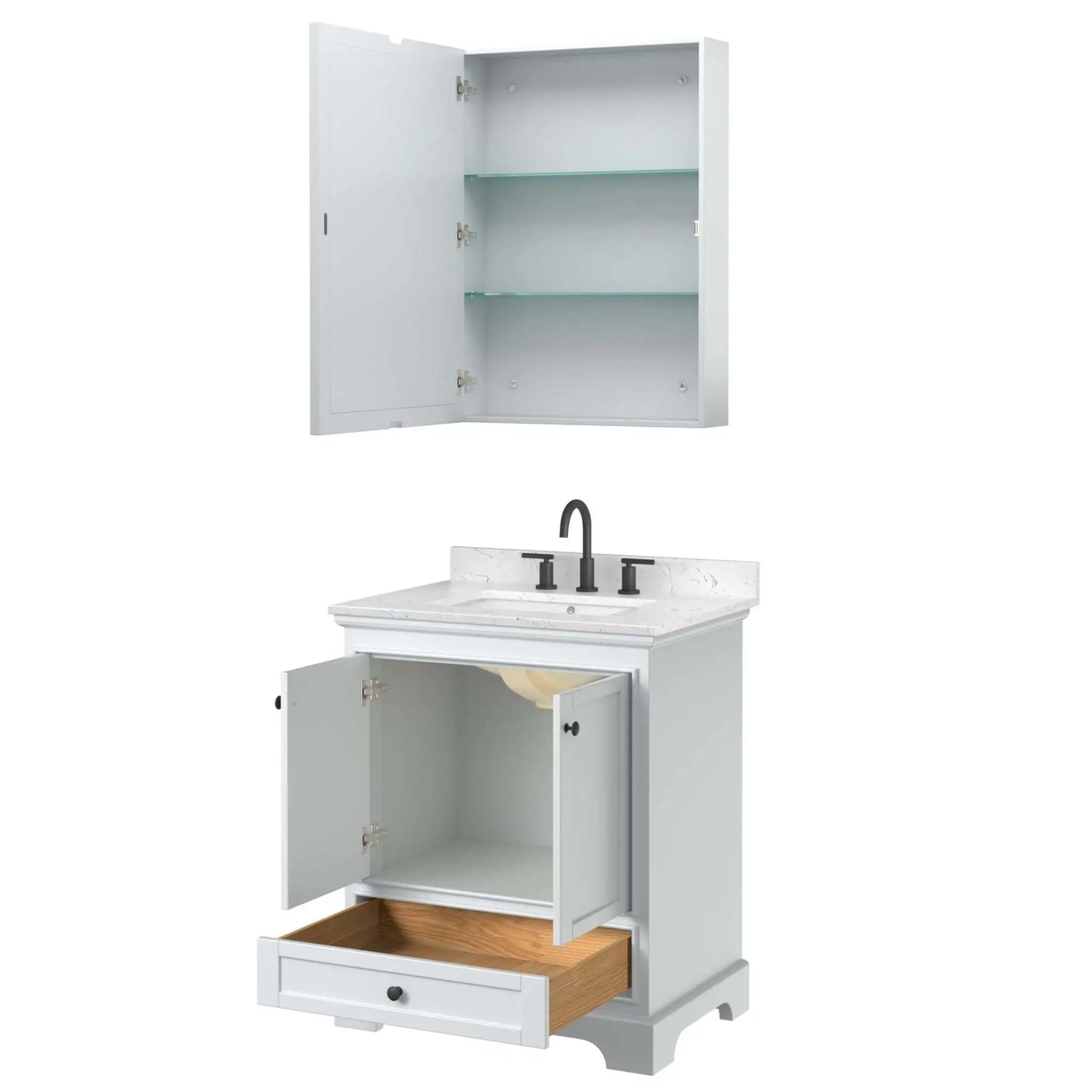 30" Deborah Single Bathroom Vanity in White with Matte Black Trim & Medicine Cabinet by Wyndham