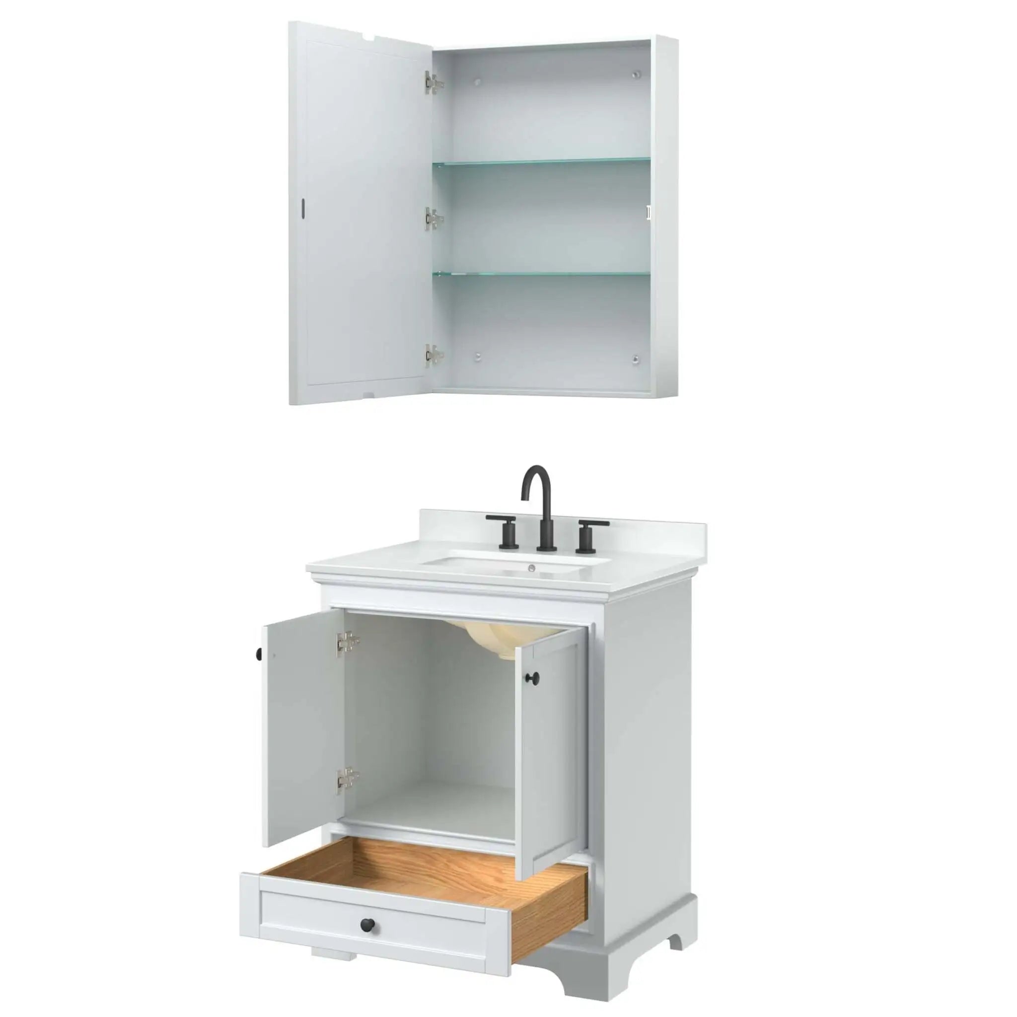 30" Deborah Single Bathroom Vanity in White with Matte Black Trim & Medicine Cabinet by Wyndham