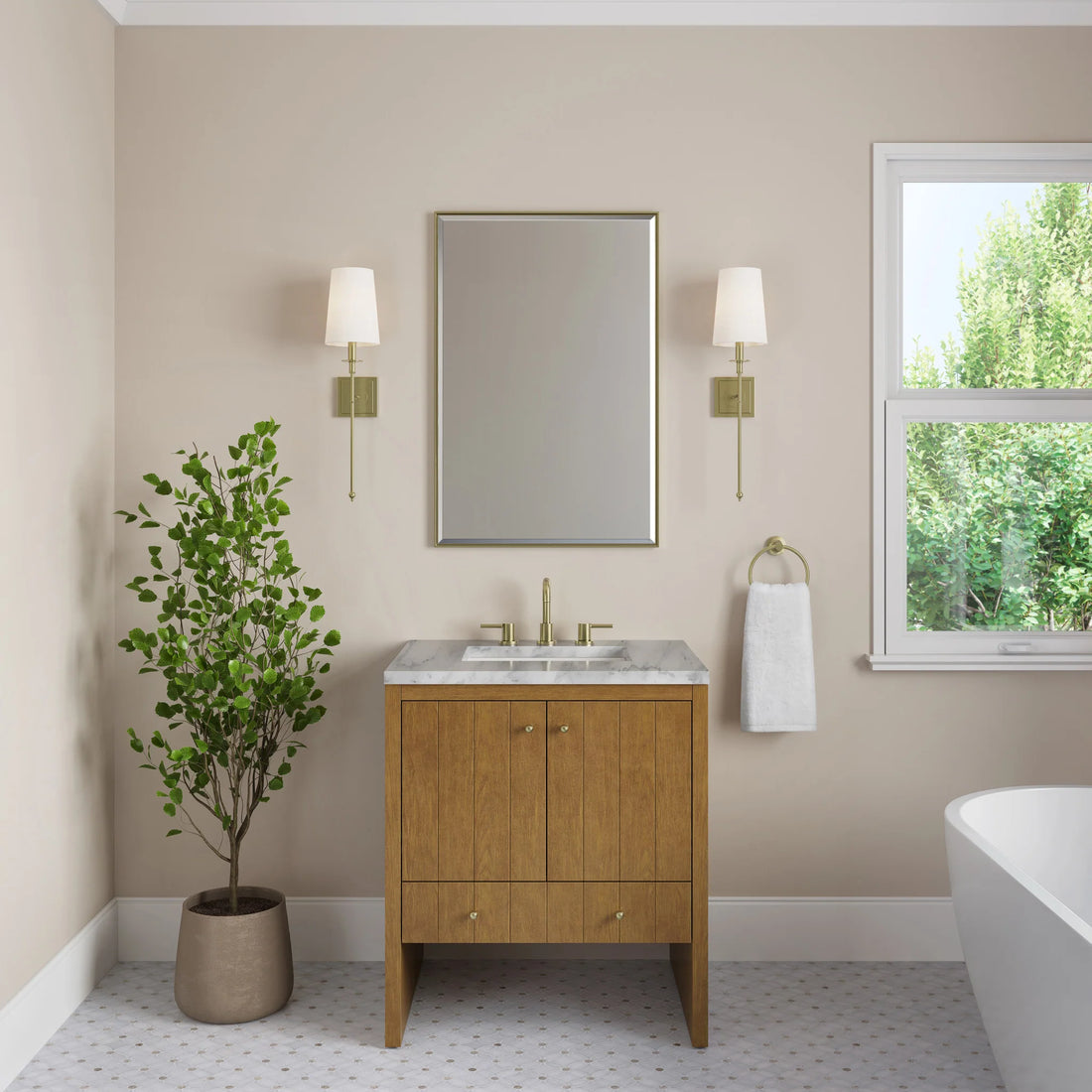 30" Hudson Single Vanity in Honey Oak by James Martin Vanities-Carrara White Marble 1