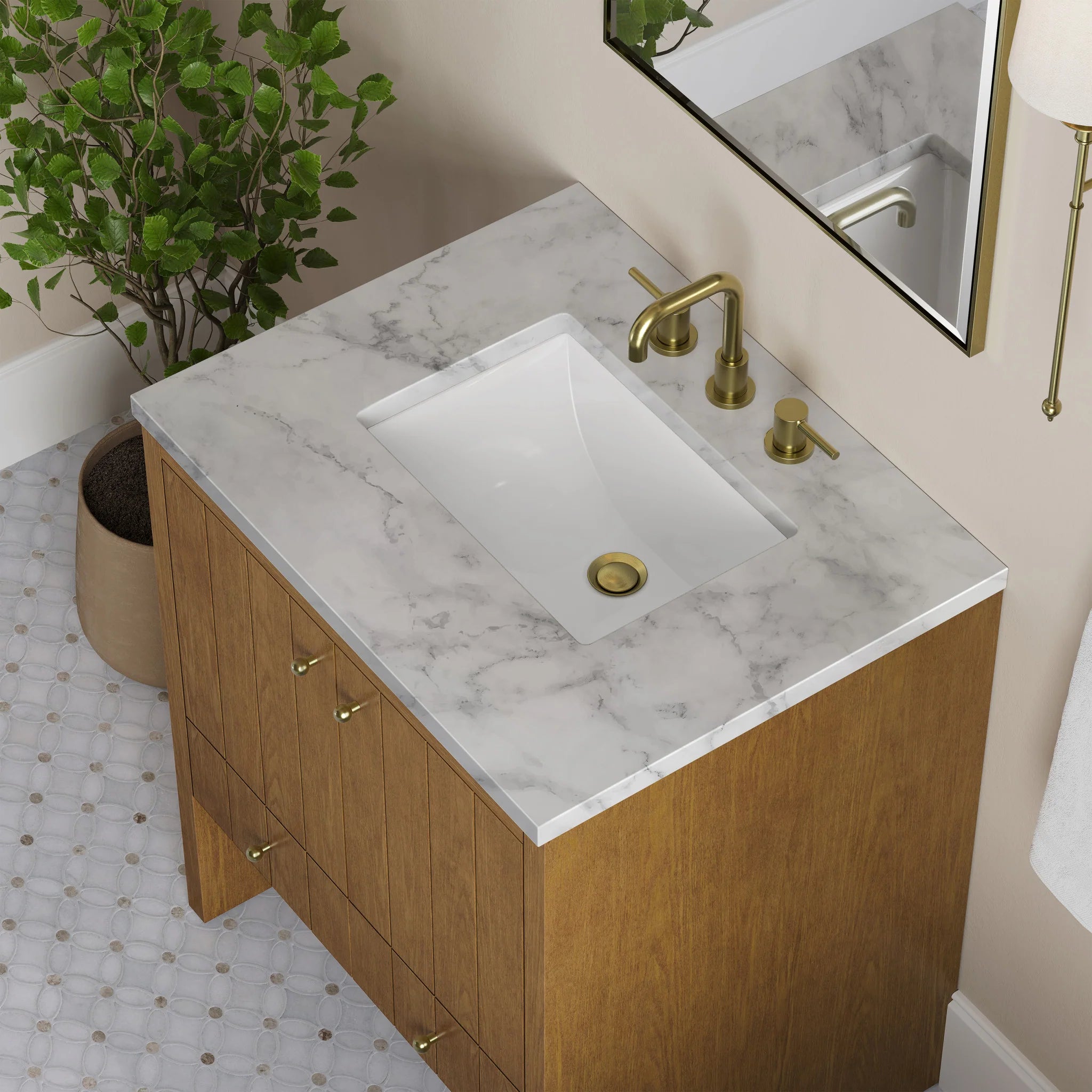 30" Hudson Single Vanity in Honey Oak by James Martin Vanities-Carrara White Marble 6