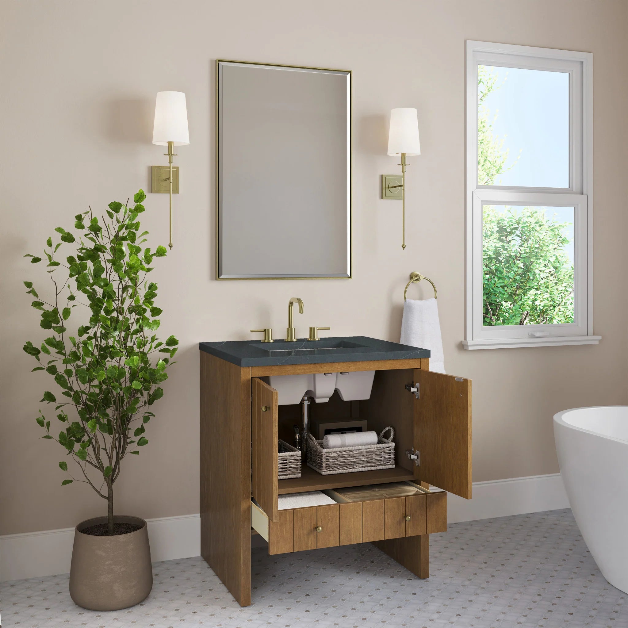 30" Hudson Single Vanity in Honey Oak by James Martin Vanities-Charcoal Soapstone Silestone 3