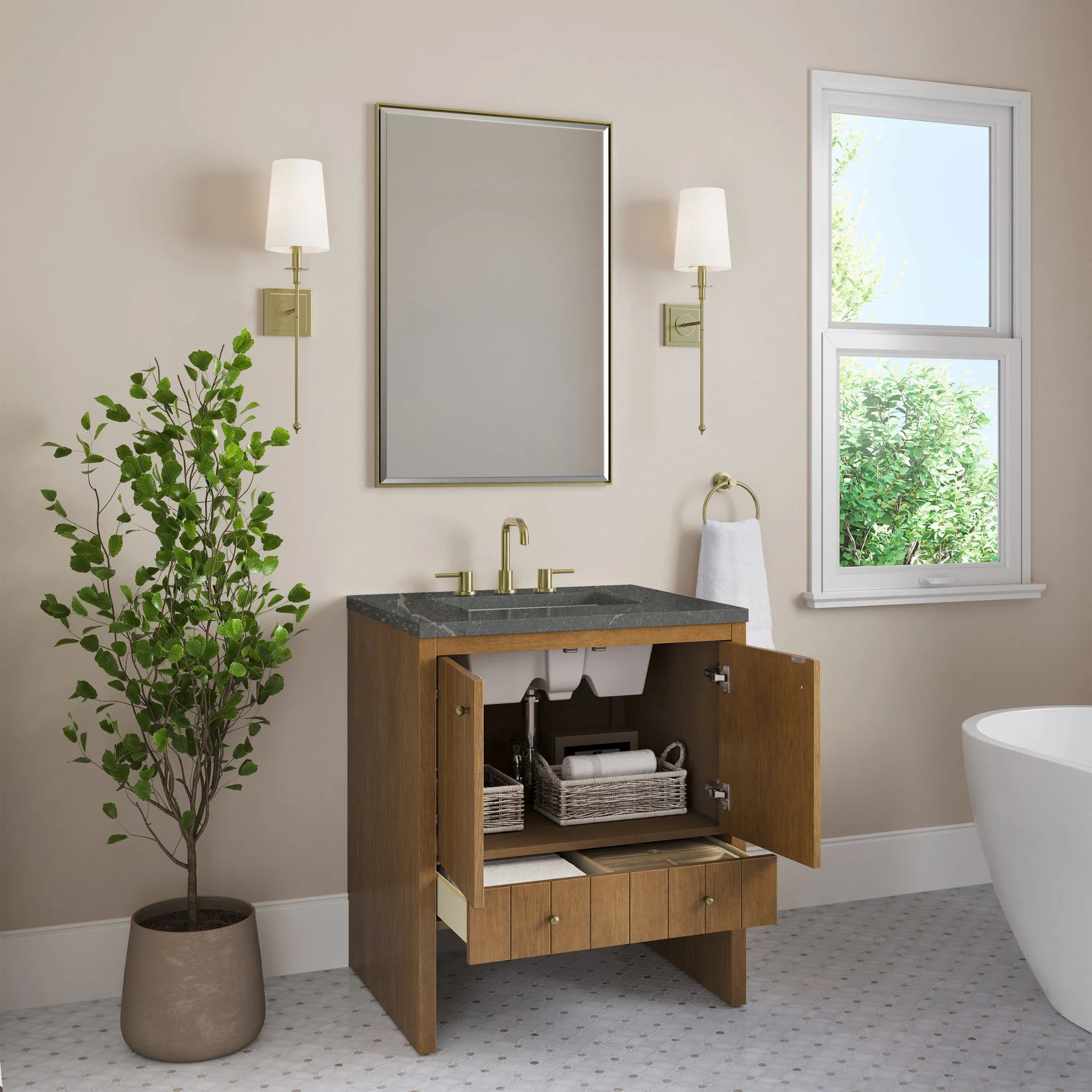 30" Hudson Single Vanity in Honey Oak by James Martin Vanities-Parisien Bleu Silestone 3