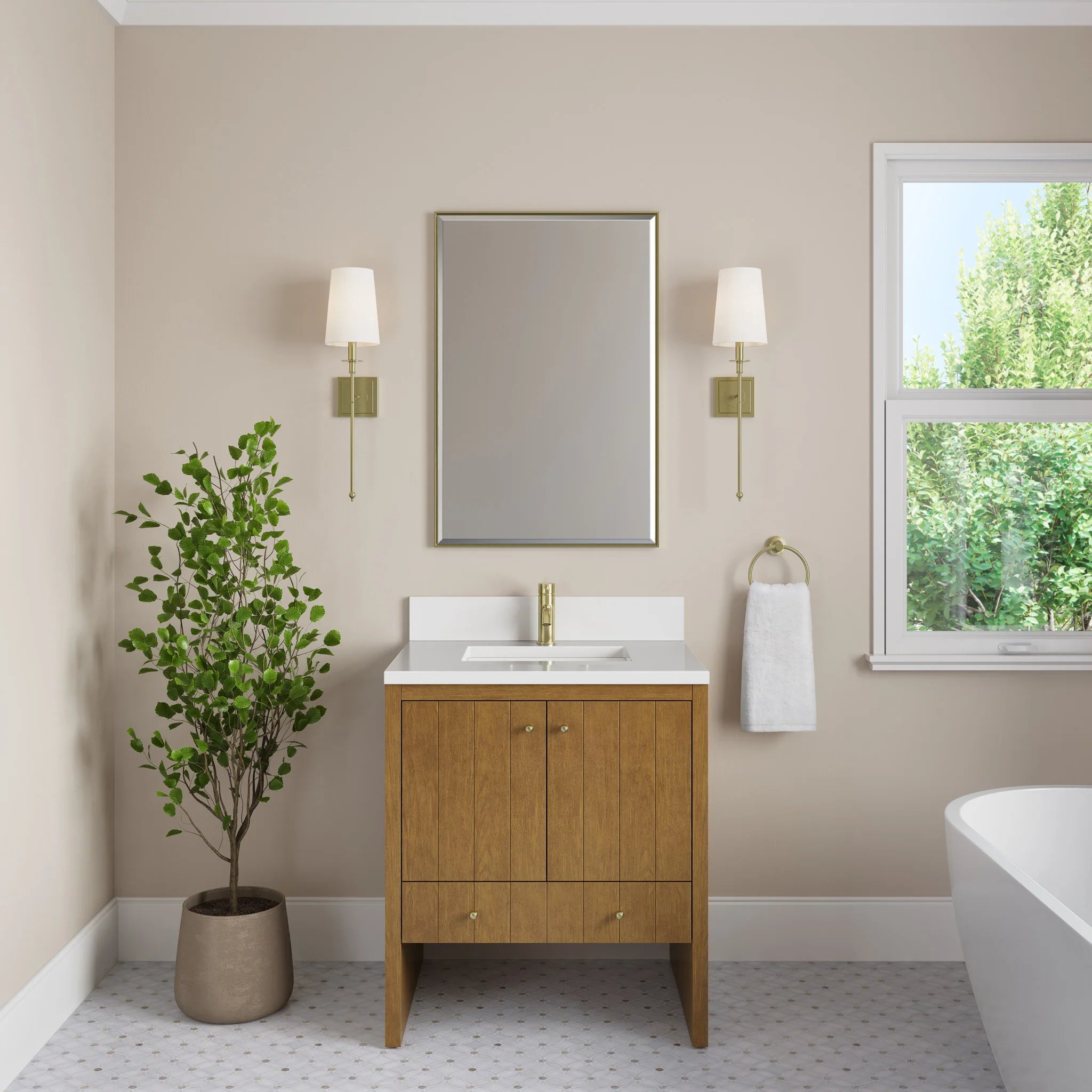 30" Hudson Single Vanity in Honey Oak by James Martin Vanities-White Zeus Silestone & Backsplash 1