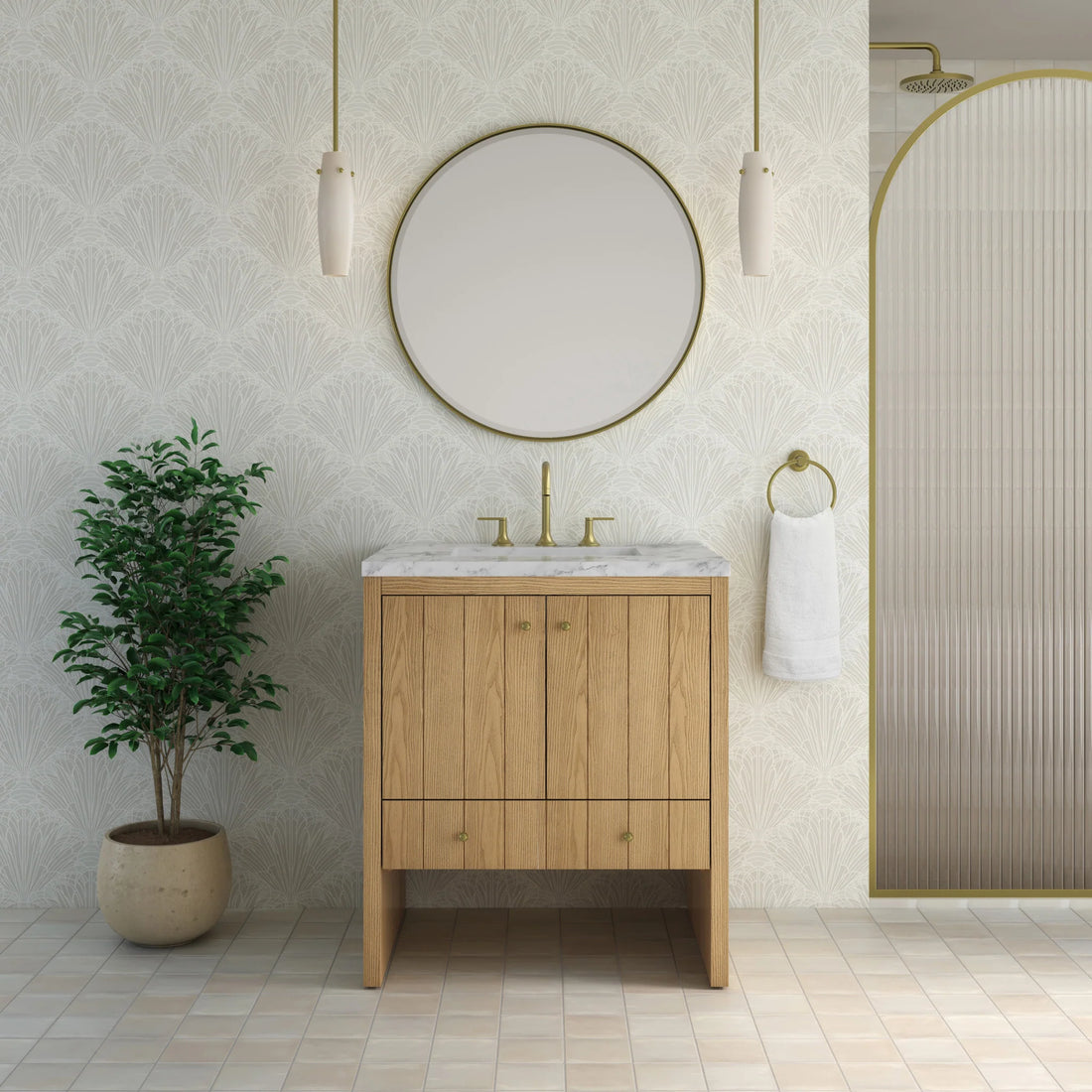 30" Hudson Single Vanity in Light Natural Oak by James Martin Vanities-Carrara White Marble 1