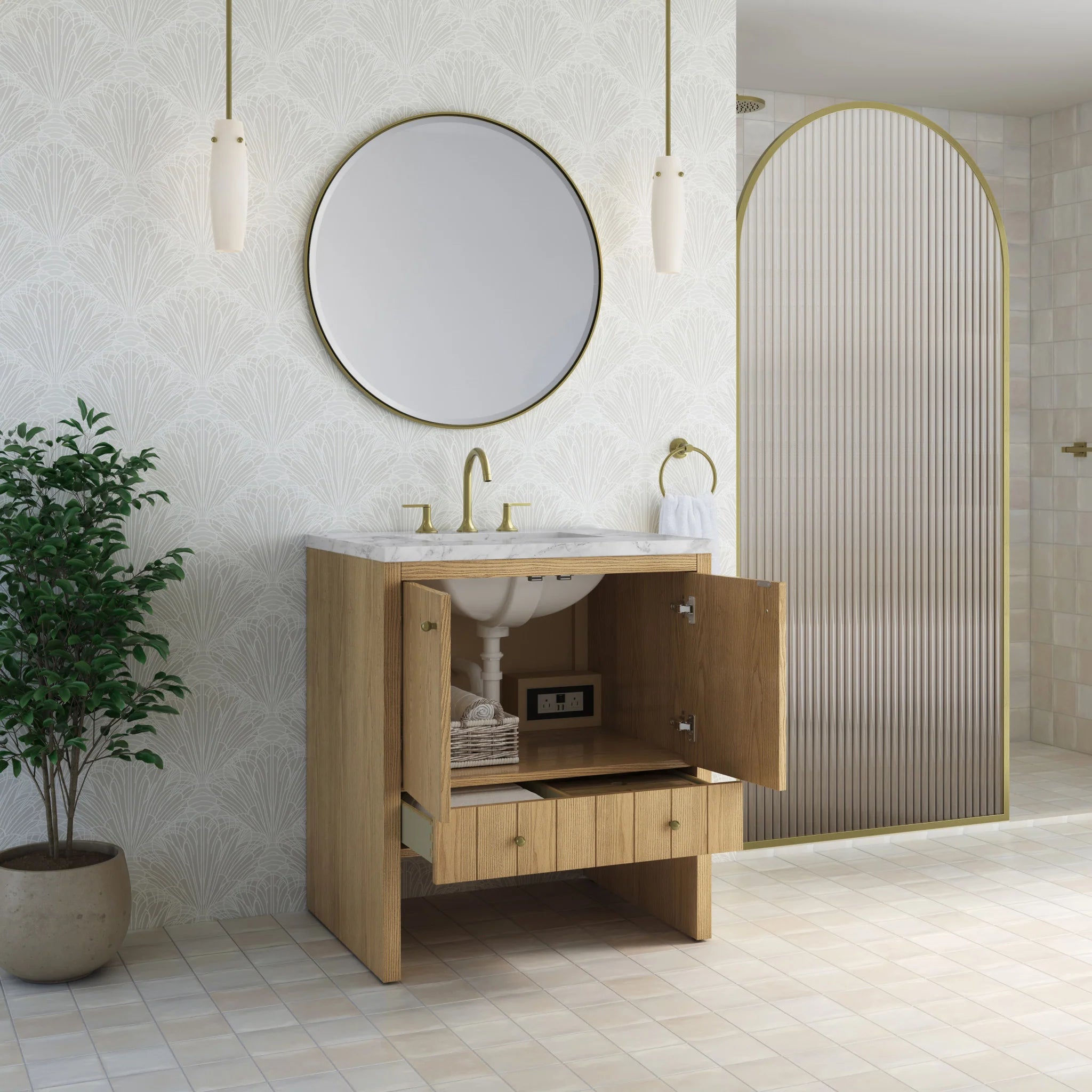 30" Hudson Single Vanity in Light Natural Oak by James Martin Vanities-Carrara White Marble 3