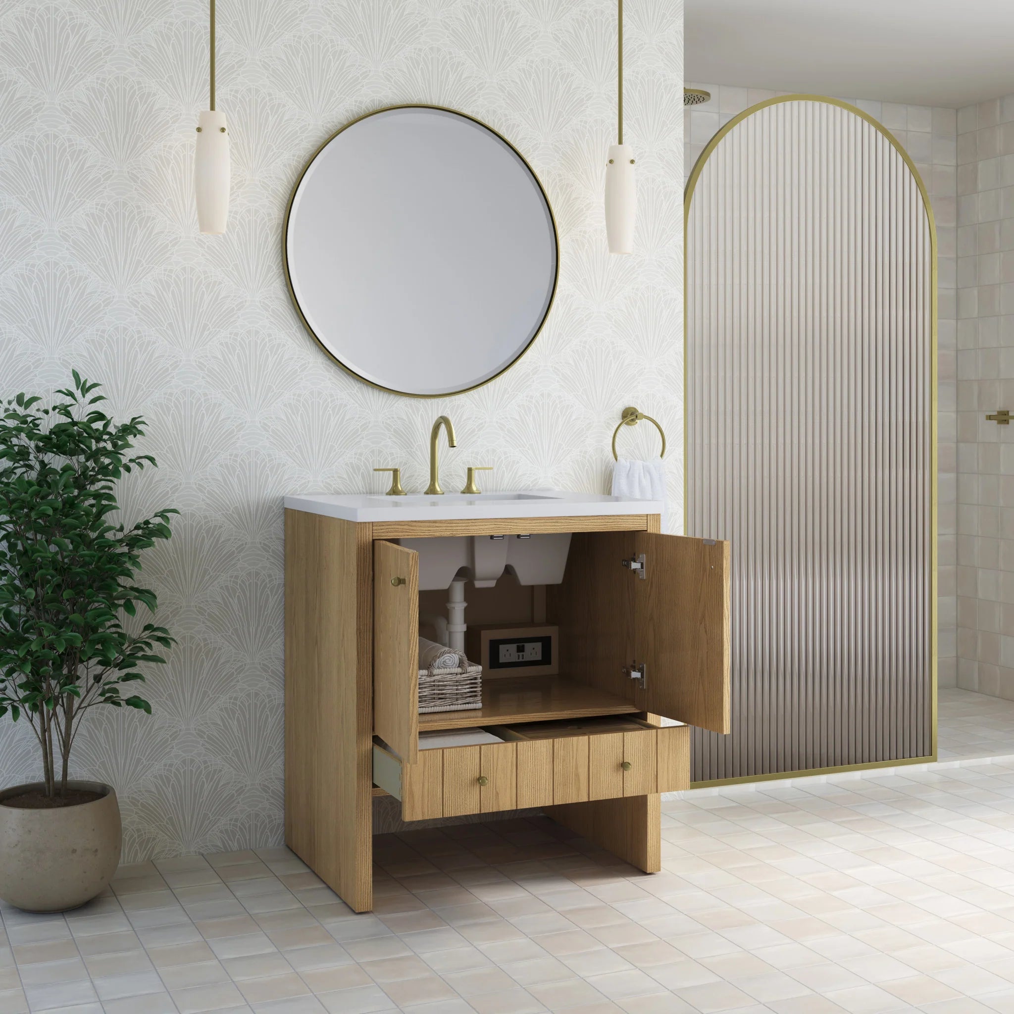 30" Hudson Single Vanity in Light Natural Oak by James Martin Vanities-White Zeus Silestone 5