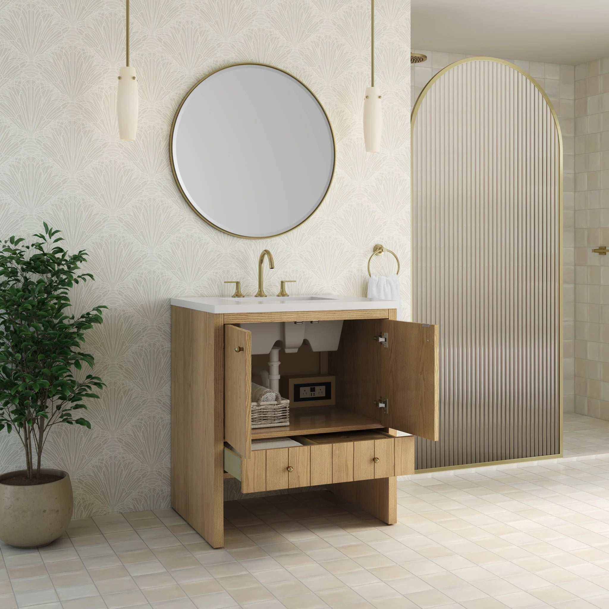30" Hudson Single Vanity in Light Natural Oak by James Martin Vanities-White Zeus Silestone 6