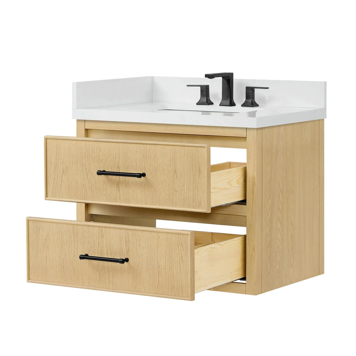 30" Isola Single Wall Mounted Bathroom Vanity Scandinavian Oak Matte Black Trim by wyndham View 15