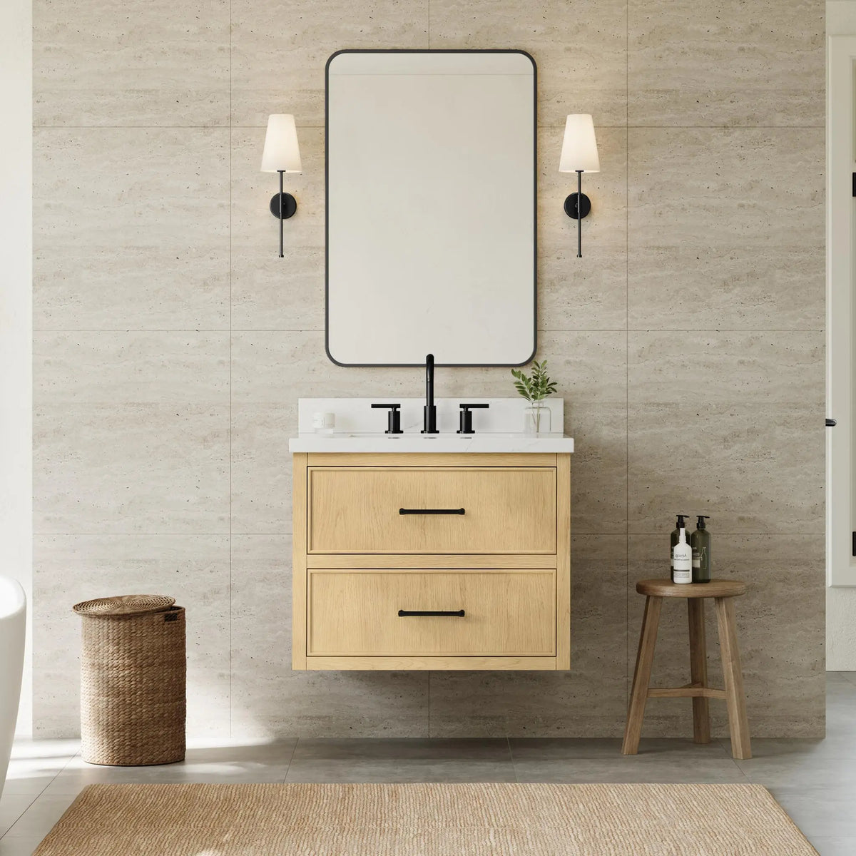 30" Isola Single Wall Mounted Bathroom Vanity Scandinavian Oak Matte Black Trim by wyndham View 6