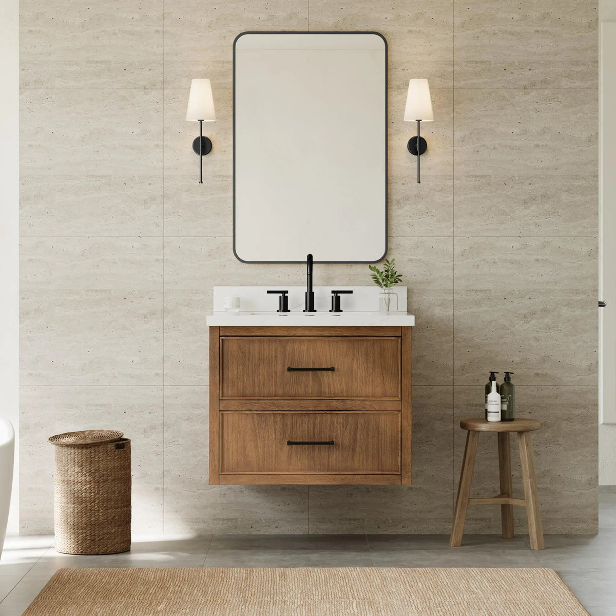 30" Isola Single Wall Mounted Bathroom Vanity Toasted Walnut Matte Black Trim by wyndham View 6