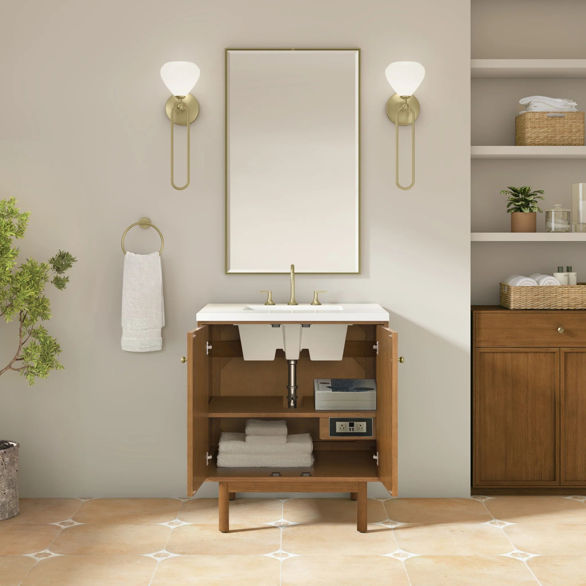 30" Laurent Single Vanity in Honey Oak by James Martin Vanities-White Zeus Silestone 10