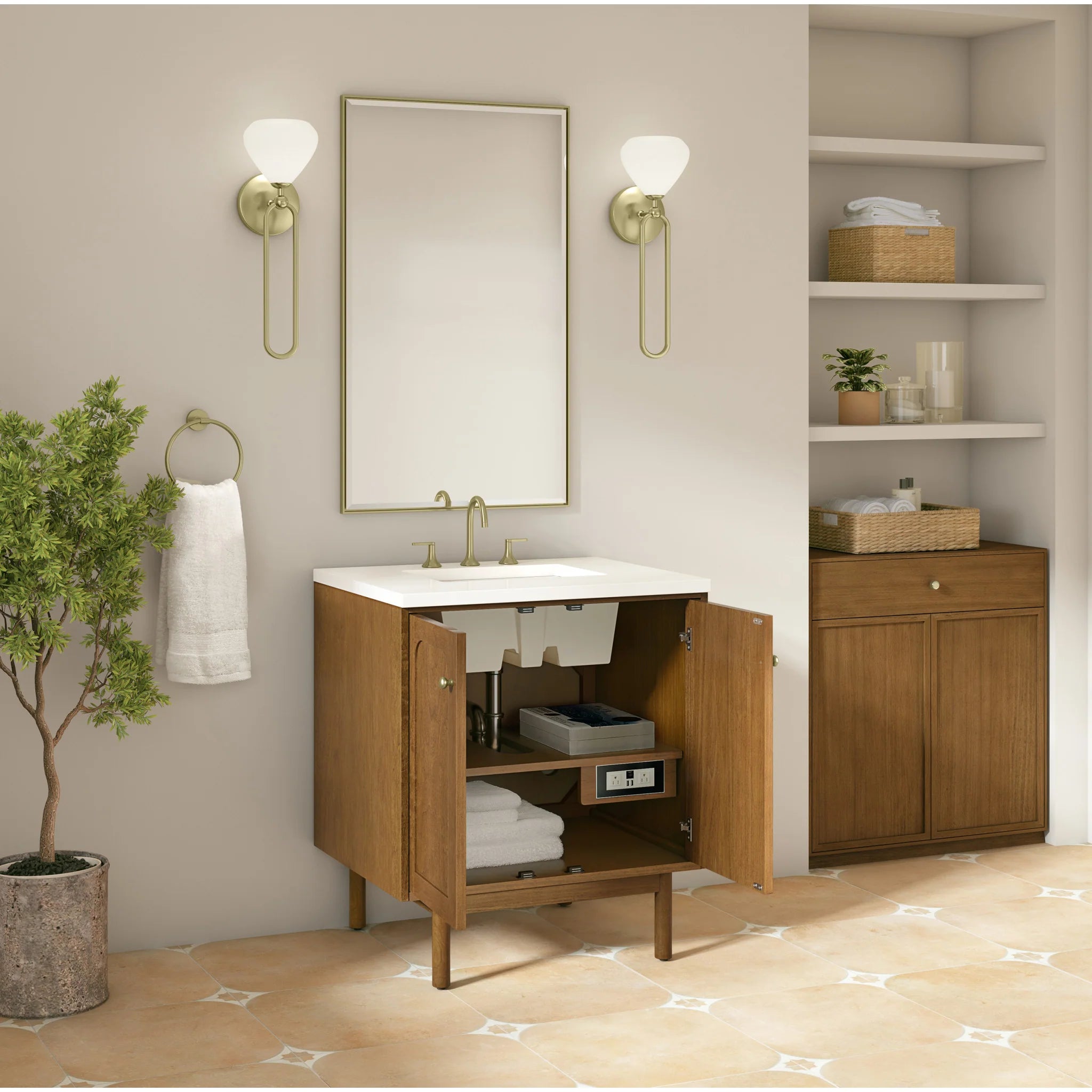 30" Laurent Single Vanity in Honey Oak by James Martin Vanities-White Zeus Silestone 8