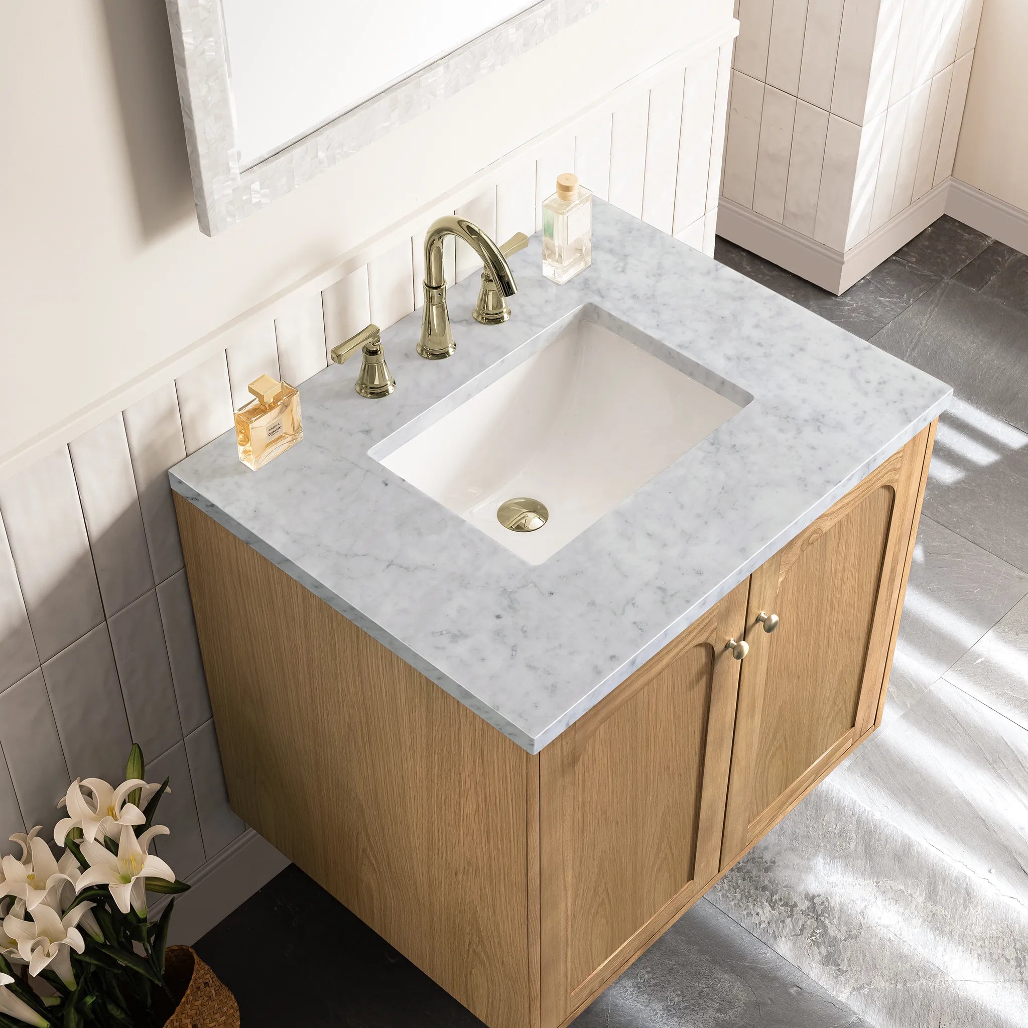 30" Laurent Single Vanity in Light Natural Oak-Carrara White Marble-8" Widespread image 10