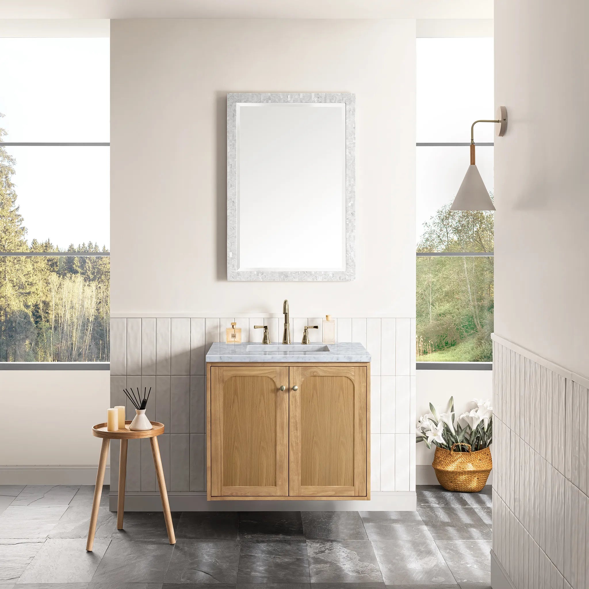 30" Laurent Single Vanity in Light Natural Oak-Carrara White Marble-8" Widespread image 3