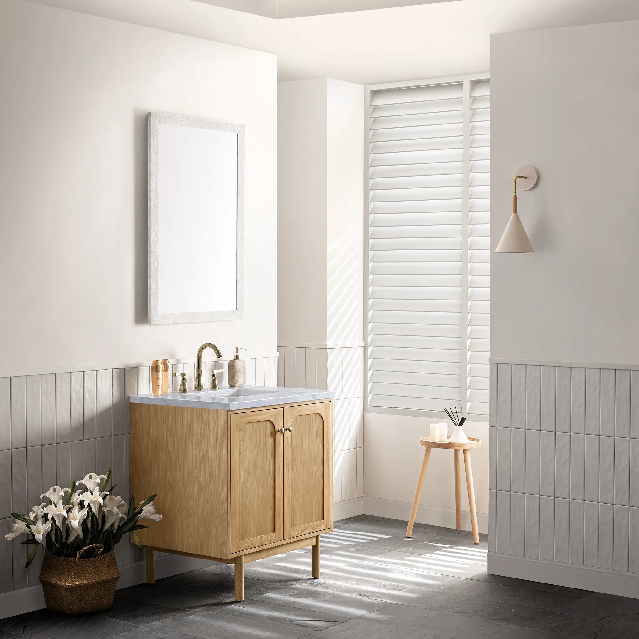 30" Laurent Single Vanity in Light Natural Oak-Carrara White Marble-8" Widespread image 4