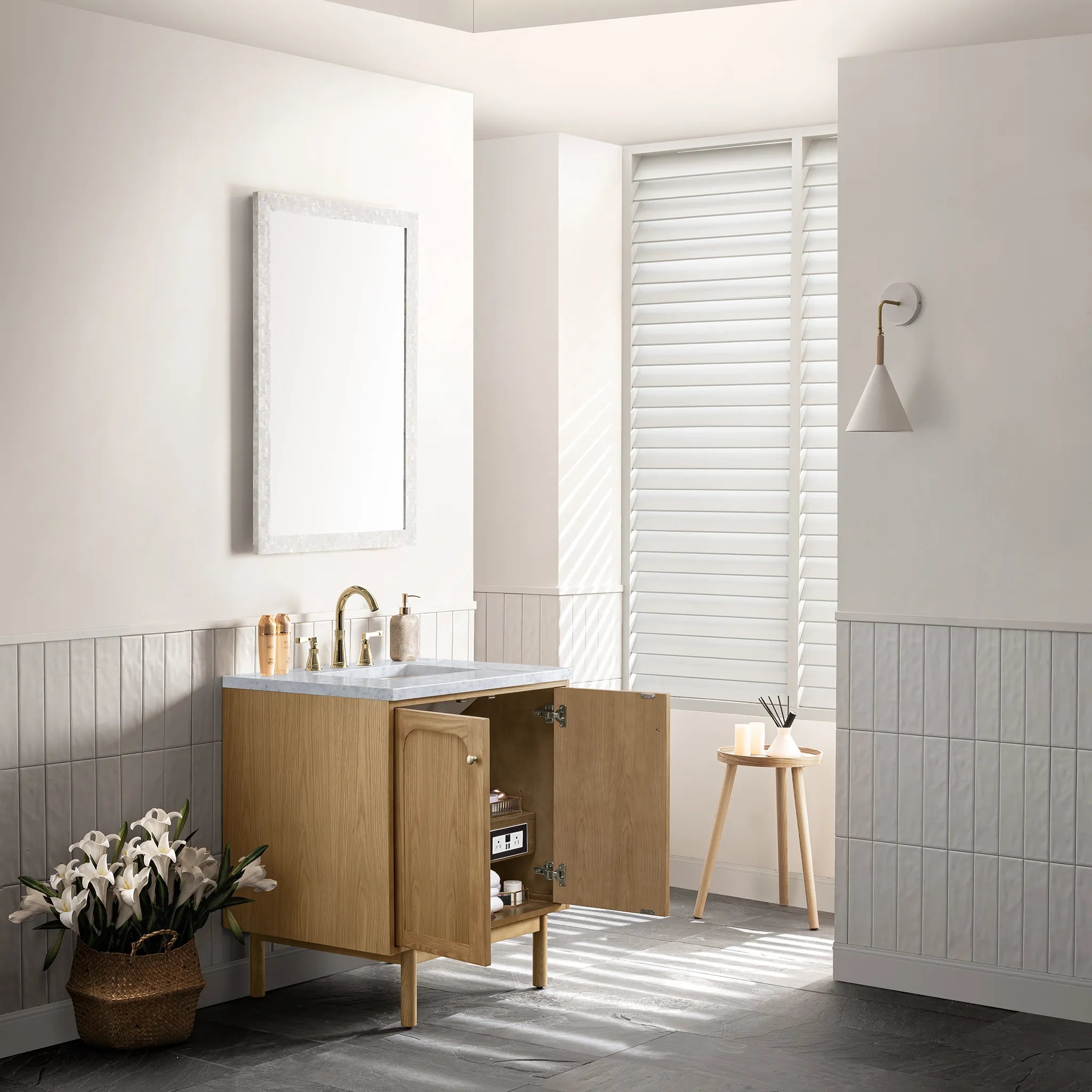 30" Laurent Single Vanity in Light Natural Oak-Carrara White Marble-8" Widespread image 6