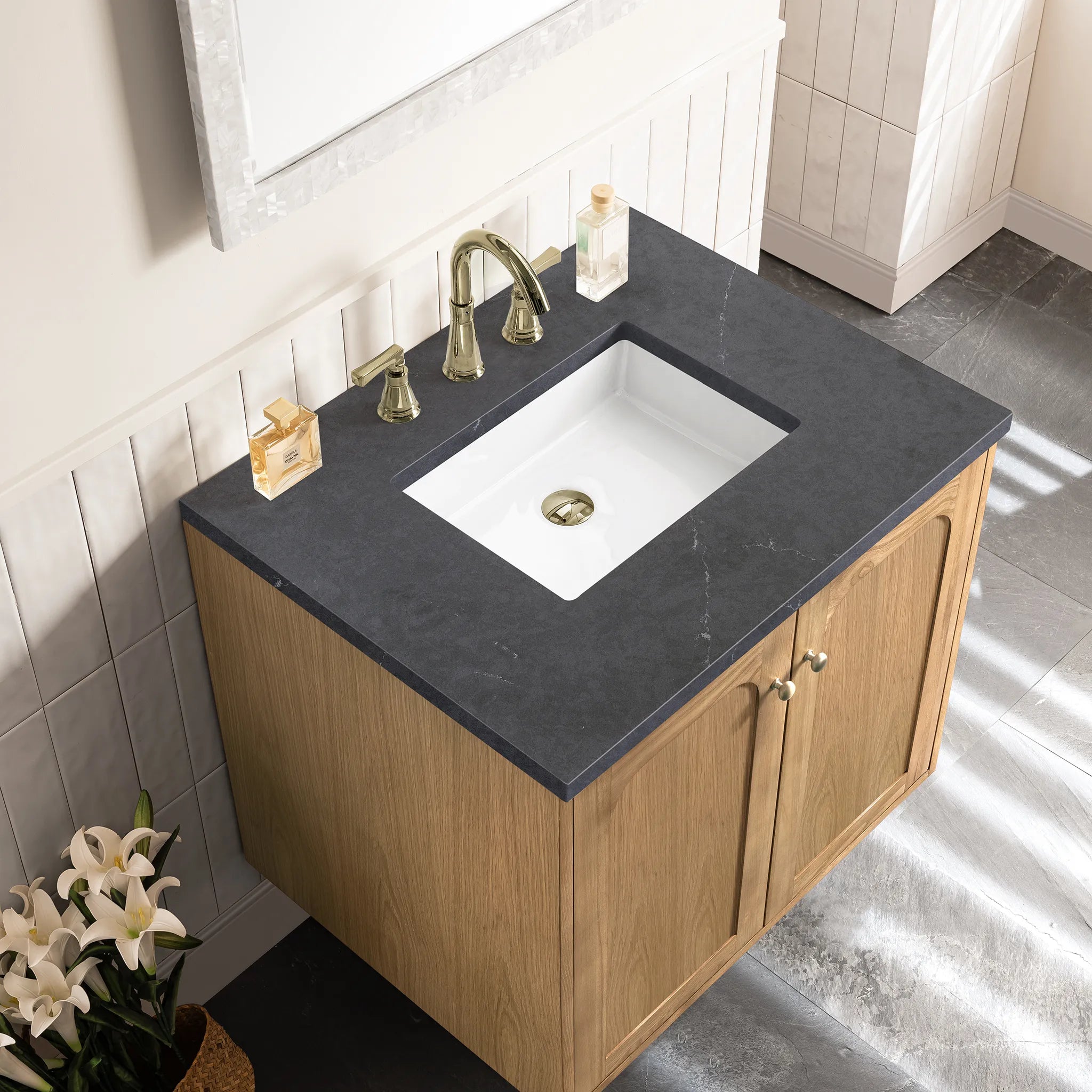 30" Laurent Single Vanity in Light Natural Oak-Charcoal Soapstone Silestone-8" Widespread image 10