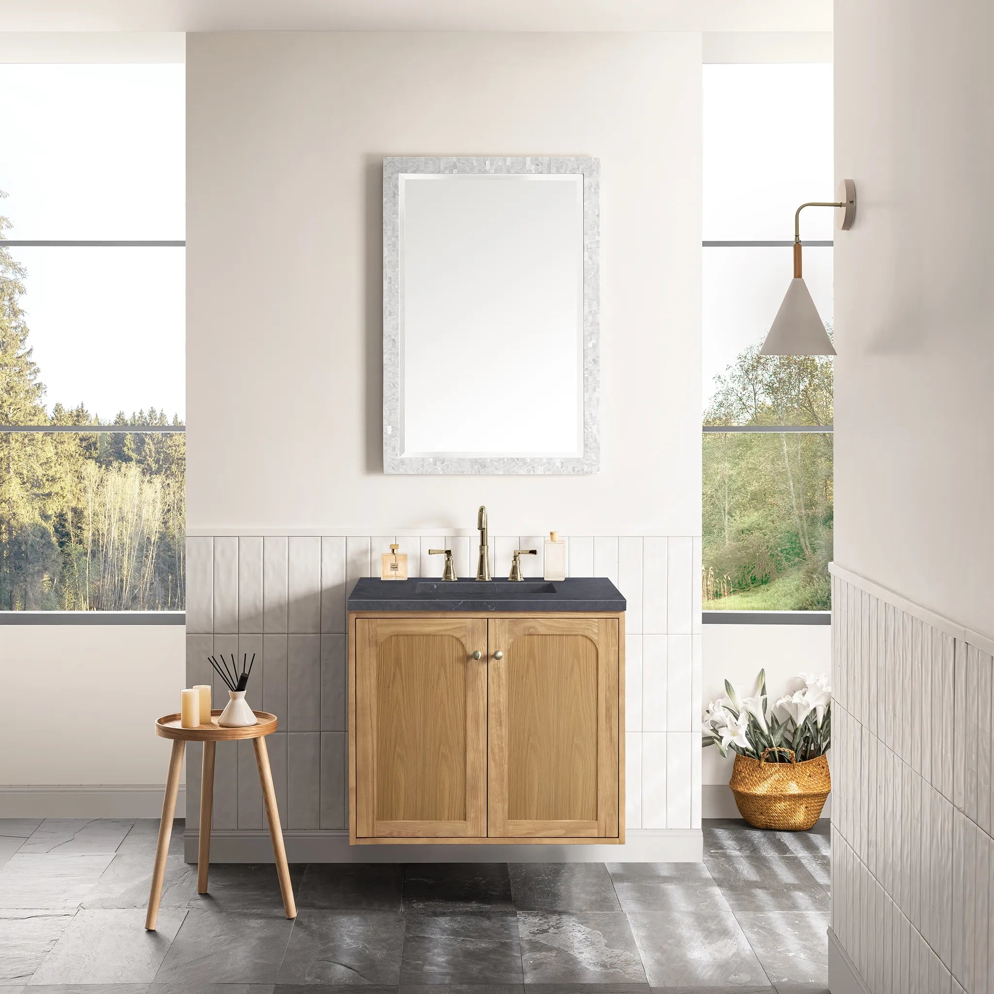 30" Laurent Single Vanity in Light Natural Oak-Charcoal Soapstone Silestone-8" Widespread image 3