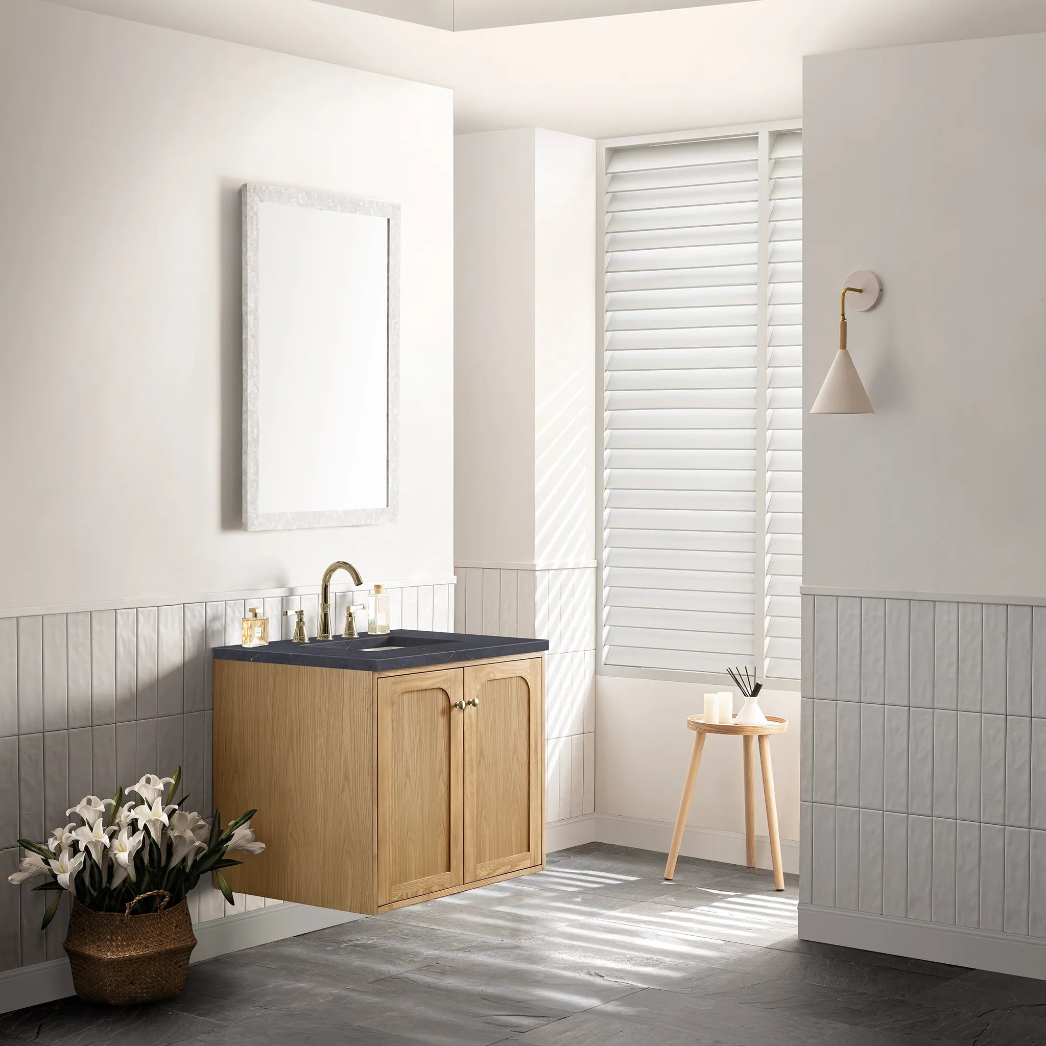 30" Laurent Single Vanity in Light Natural Oak-Charcoal Soapstone Silestone-8" Widespread image 5