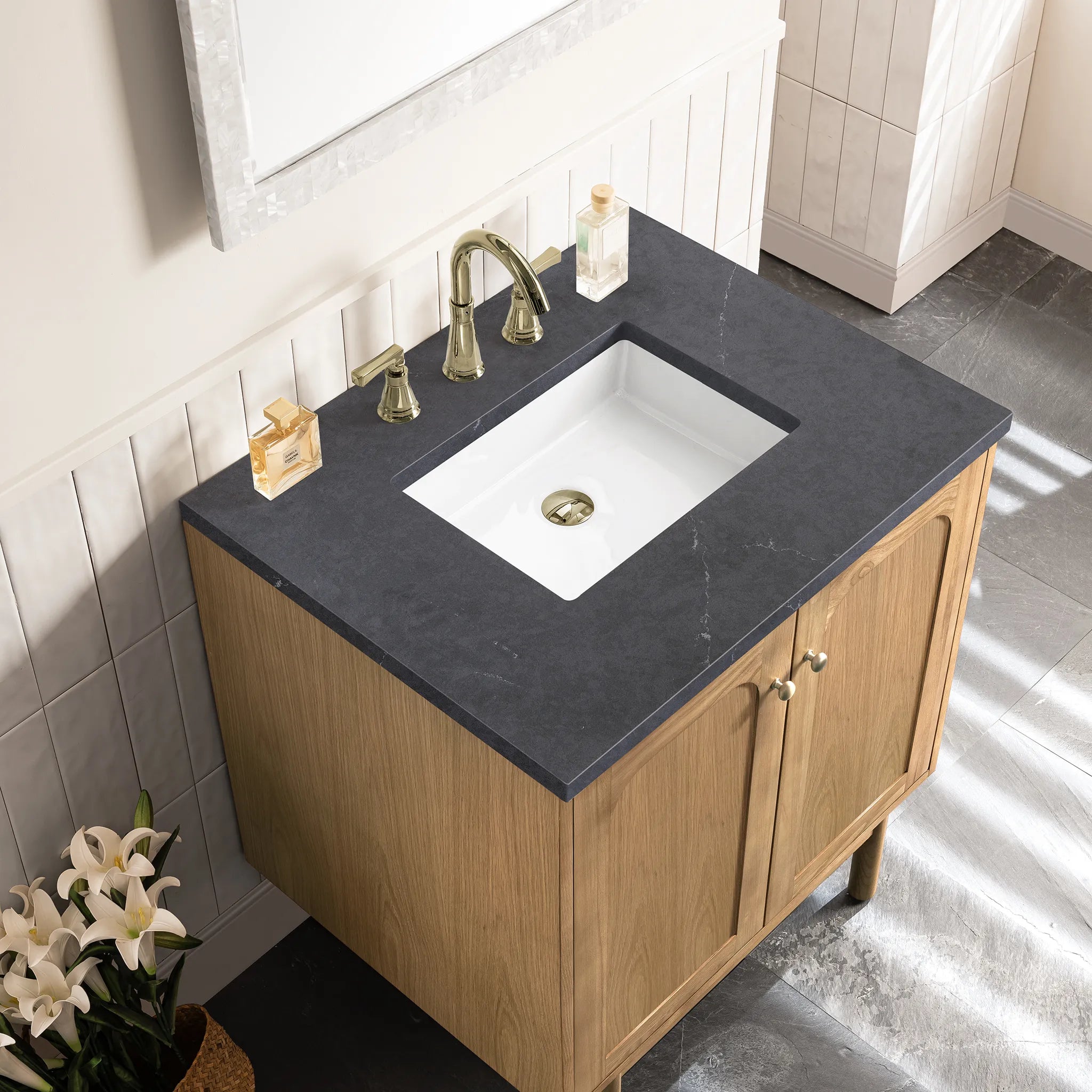 30" Laurent Single Vanity in Light Natural Oak-Charcoal Soapstone Silestone-8" Widespread image 9