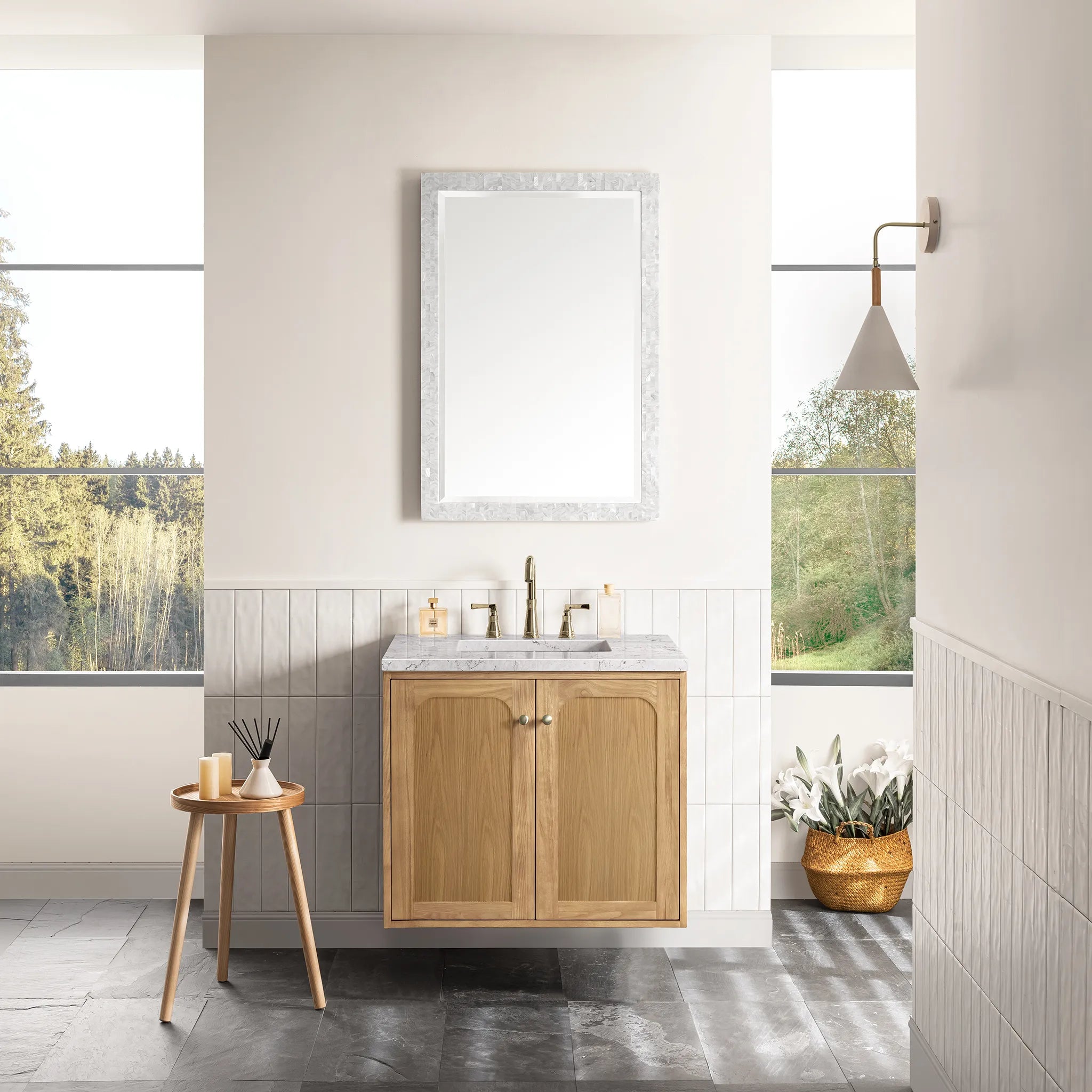 30" Laurent Single Vanity in Light Natural Oak-Eternal Jasmine Pearl Silestone-8" Widespread image 3