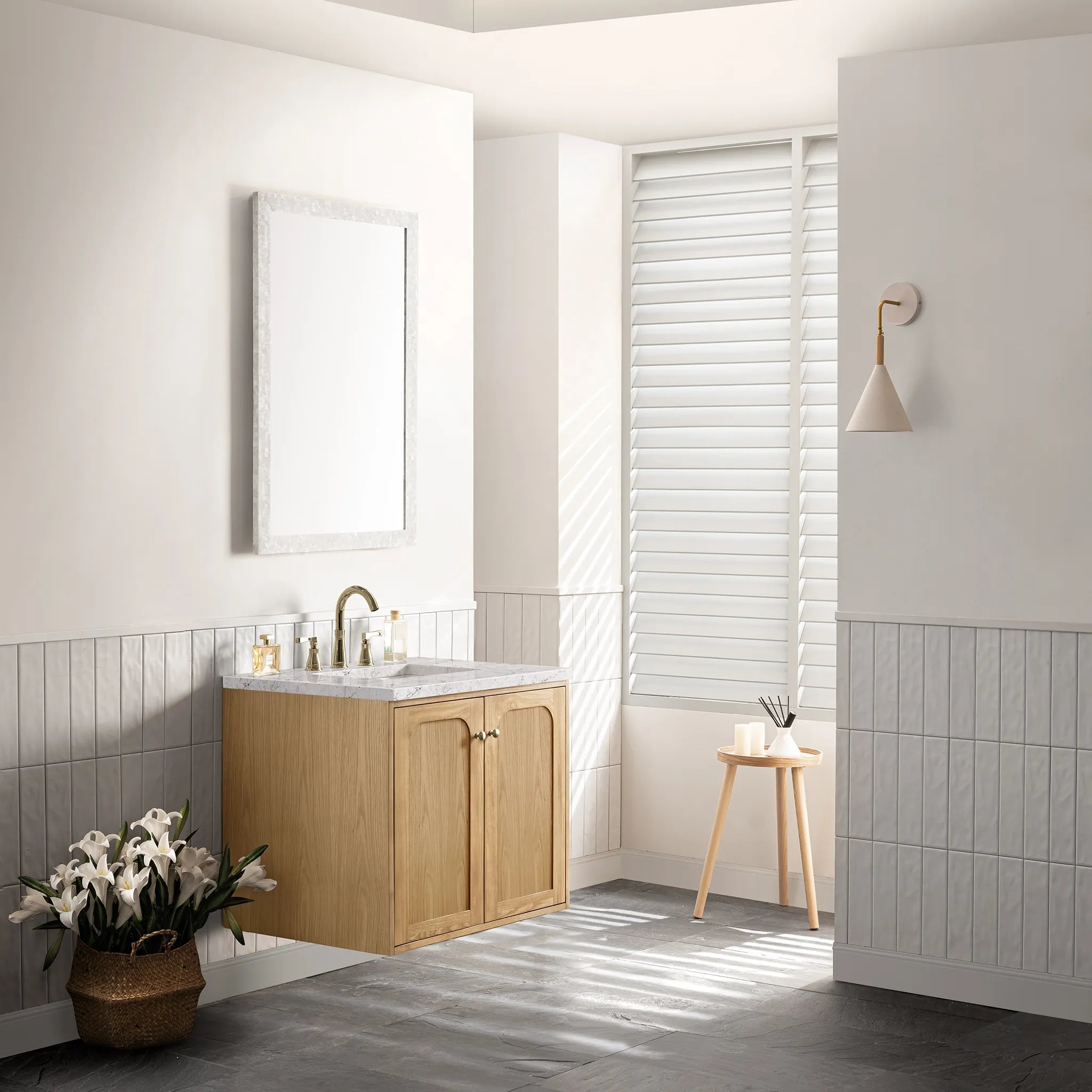 30" Laurent Single Vanity in Light Natural Oak-Eternal Jasmine Pearl Silestone-8" Widespread image 5