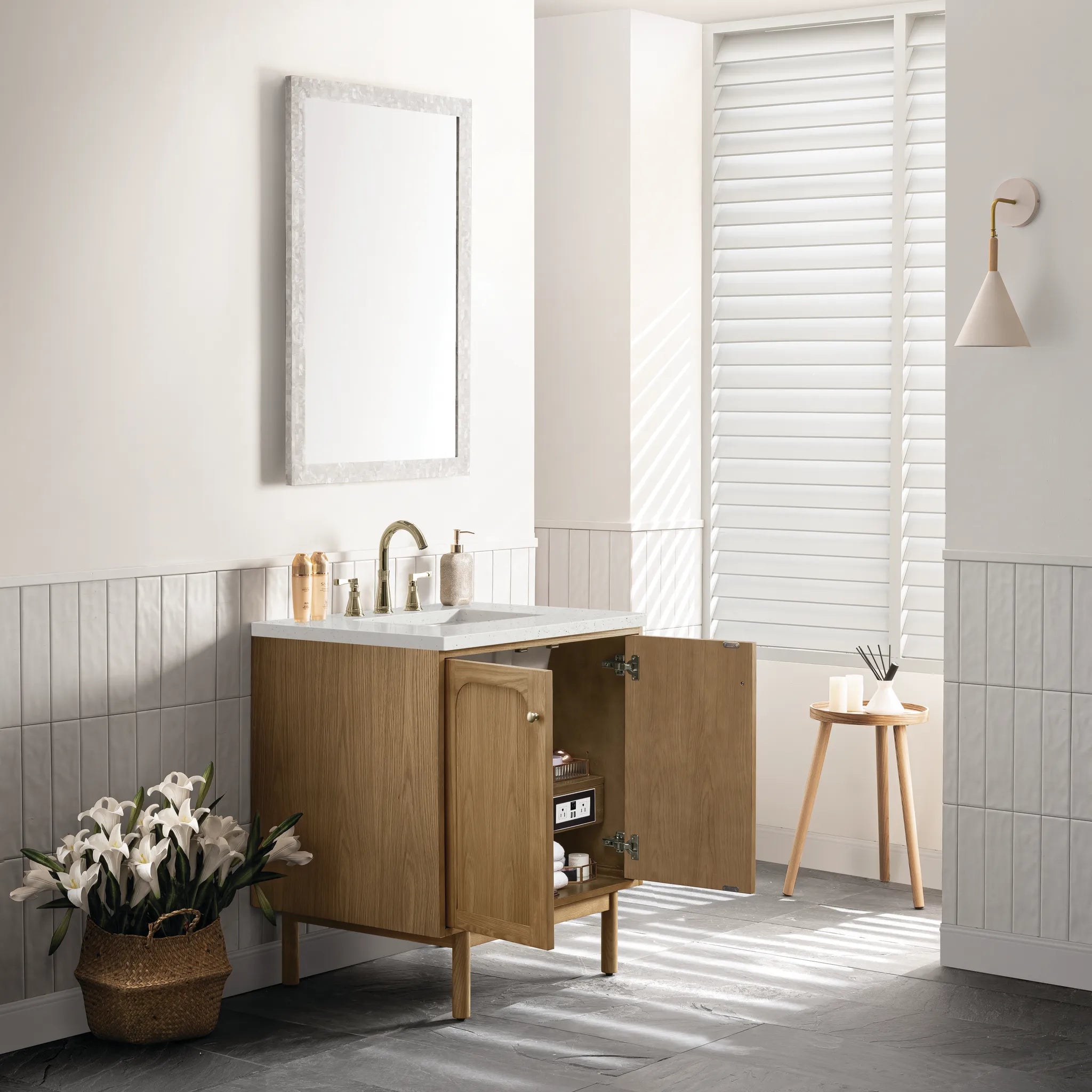 30" Laurent Single Vanity in Light Natural Oak-Lime Delight Silestone-8" Widespread image 6