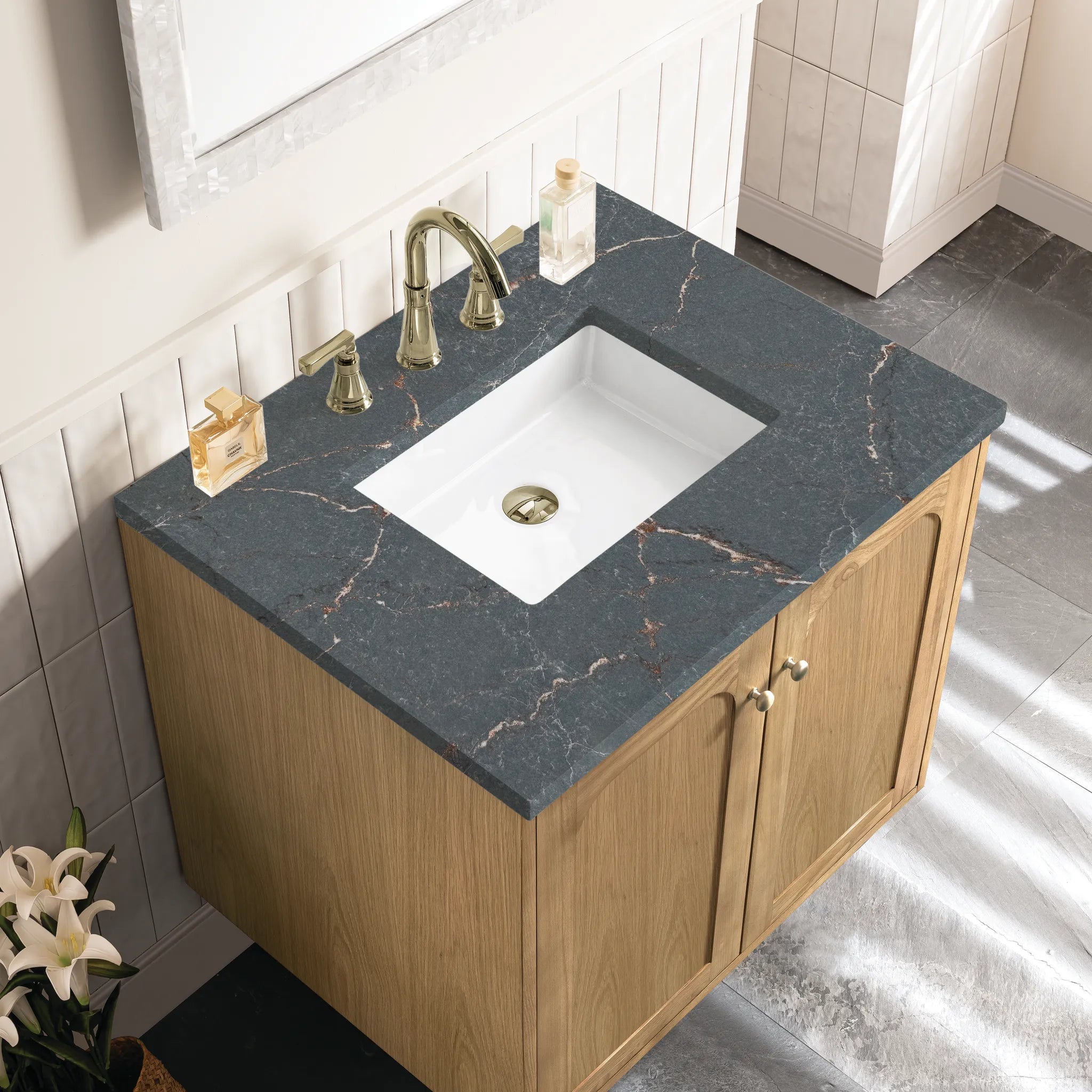 30" Laurent Single Vanity in Light Natural Oak-Parisien Bleu Silestone-8" Widespread image 10