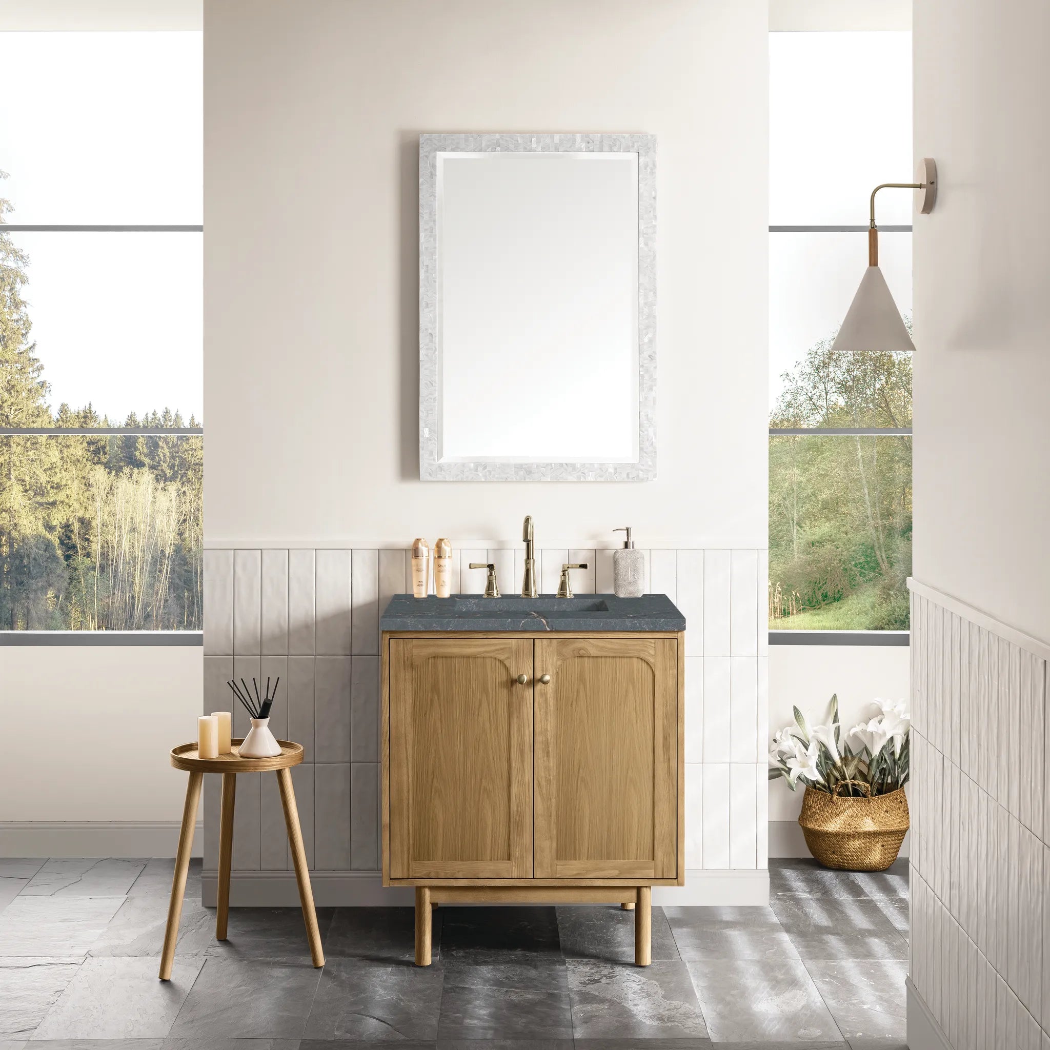 30" Laurent Single Vanity in Light Natural Oak-Parisien Bleu Silestone-8" Widespread image 2