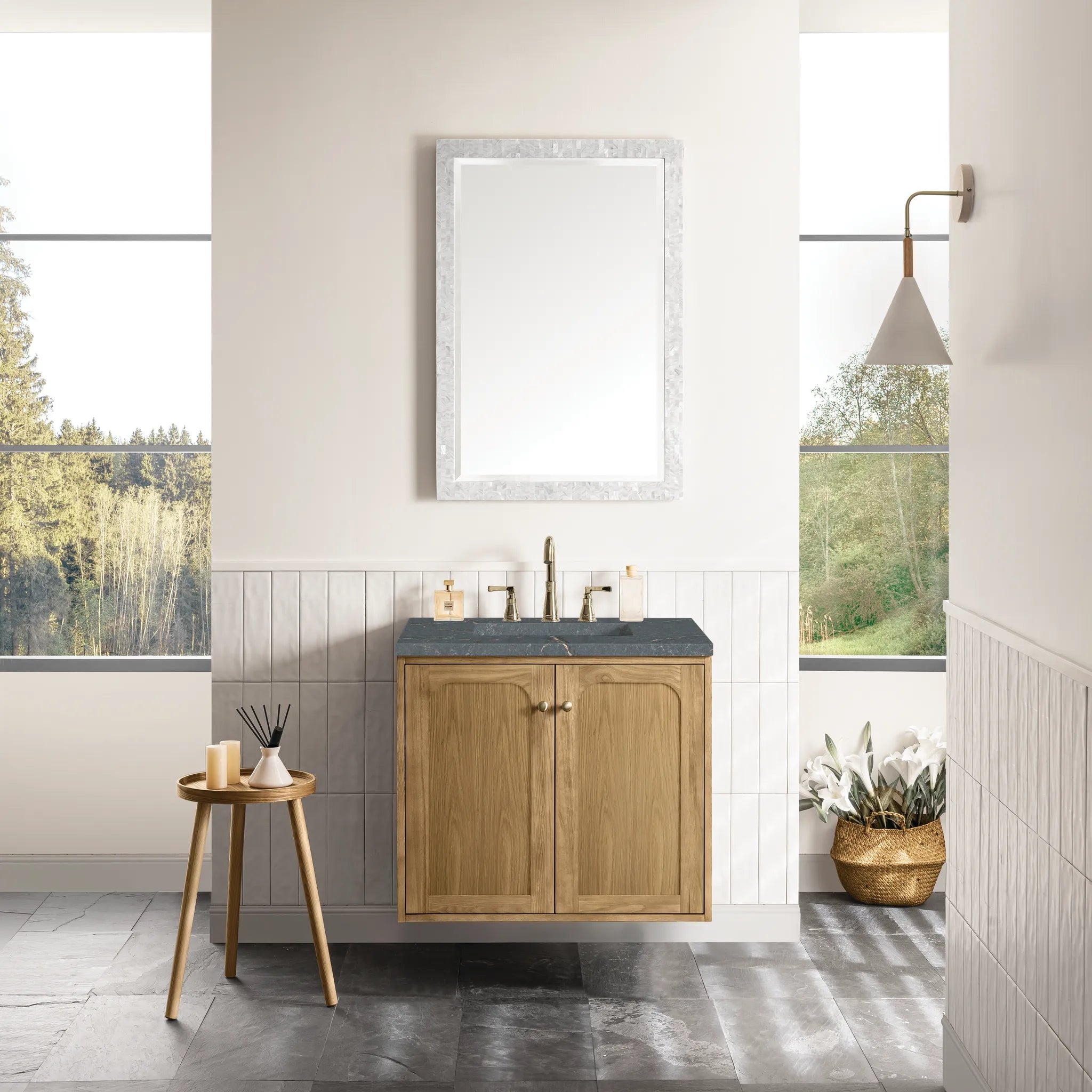 30" Laurent Single Vanity in Light Natural Oak-Parisien Bleu Silestone-8" Widespread image 3