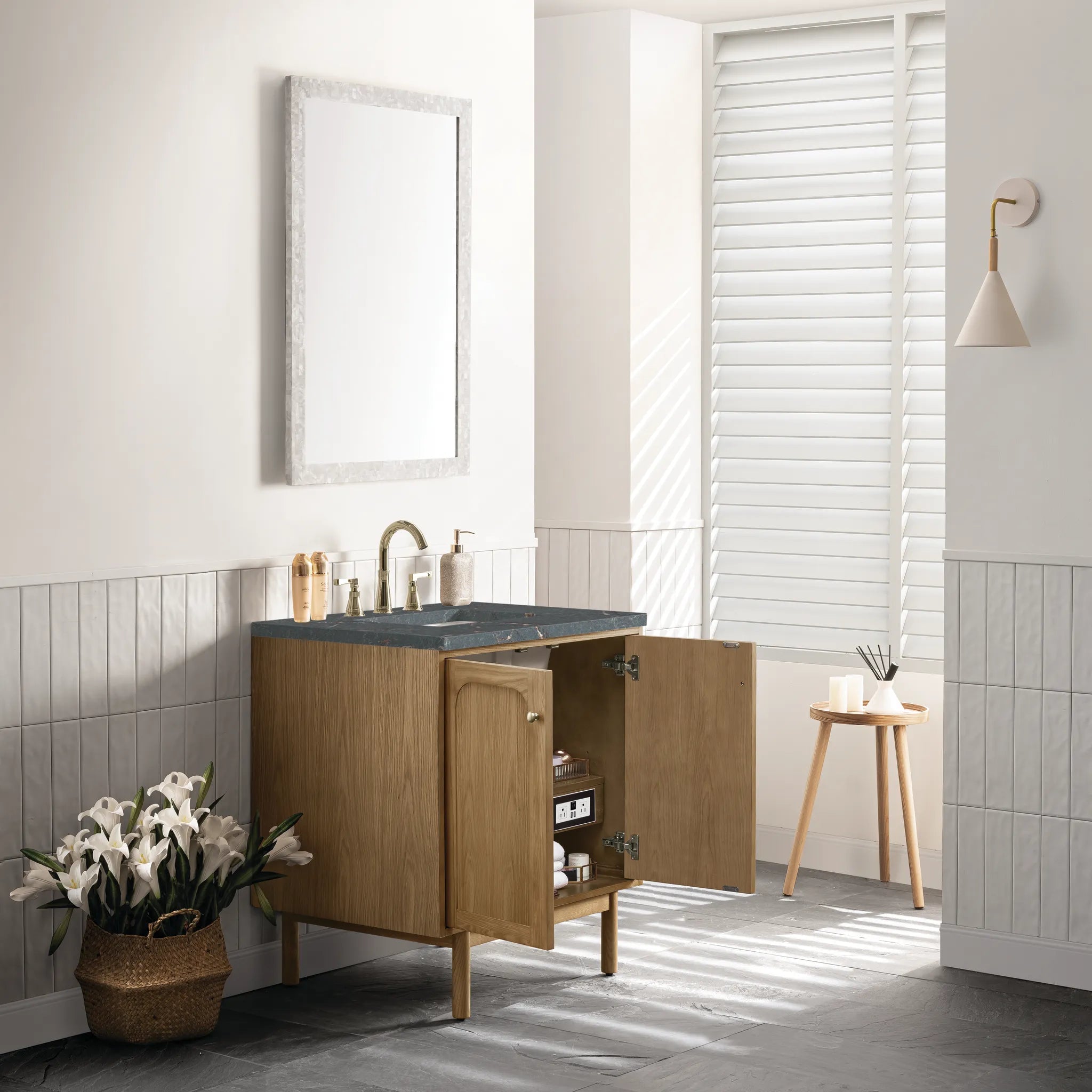 30" Laurent Single Vanity in Light Natural Oak-Parisien Bleu Silestone-8" Widespread image 6