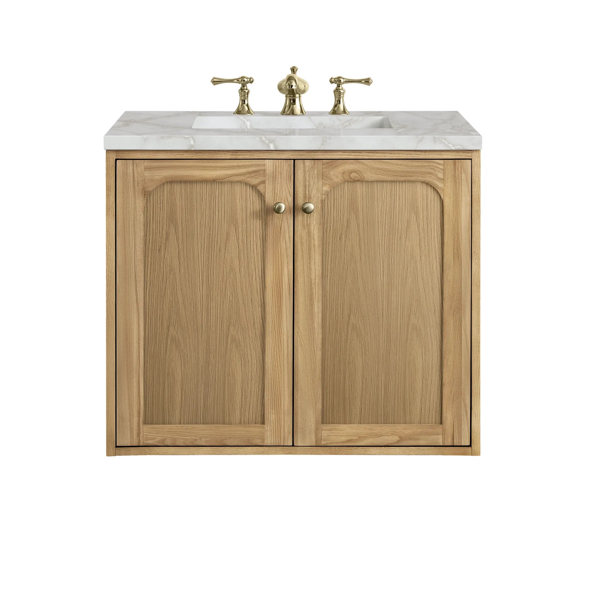 30" Laurent Single Vanity in Light Natural Oak-Victorian Silver Silestone-8" Widespread image 1