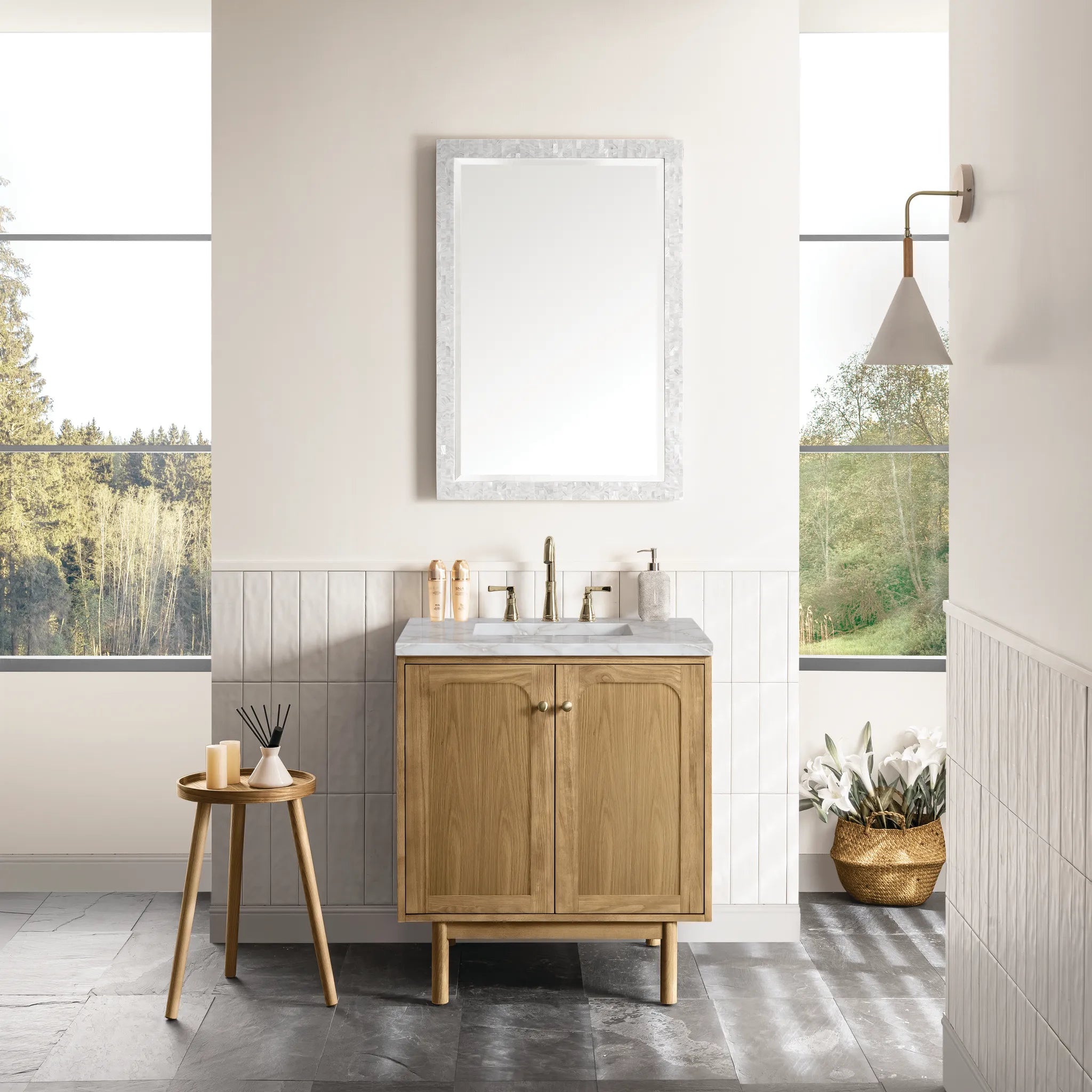 30" Laurent Single Vanity in Light Natural Oak-Victorian Silver Silestone-8" Widespread image 2