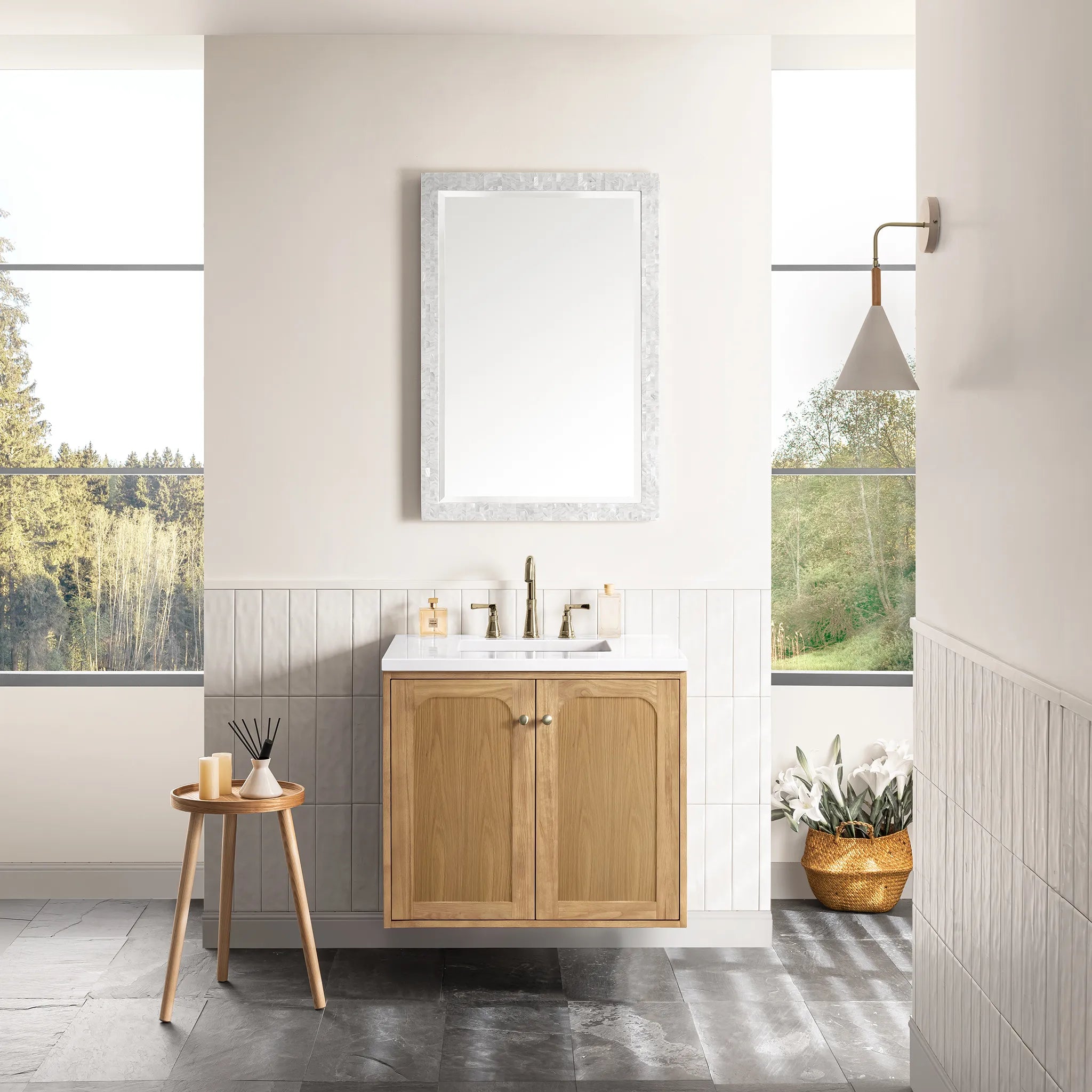 30" Laurent Single Vanity in Light Natural Oak-White Zeus Silestone-8" Widespread image 4