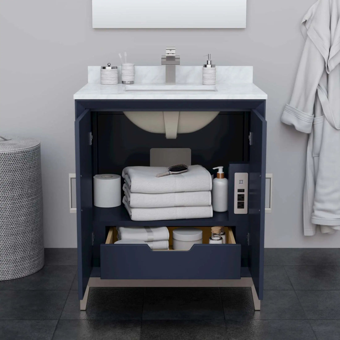 30" Marlena Single Bathroom Vanity in Dark Blue with Brushed Nickel Trim by Wyndham