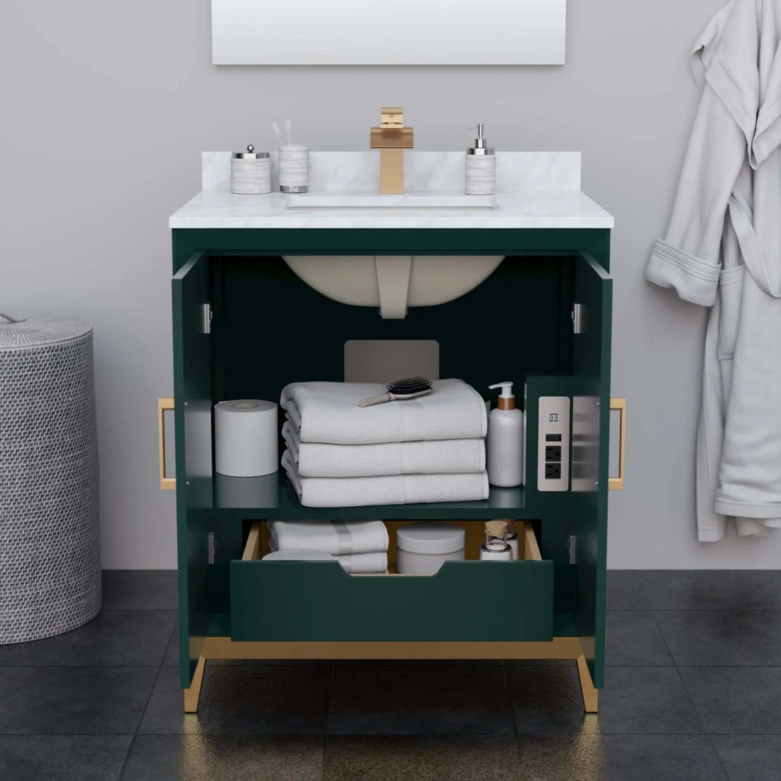 30" Marlena Single Bathroom Vanity in Green with Satin Bronze Trim by Wyndham