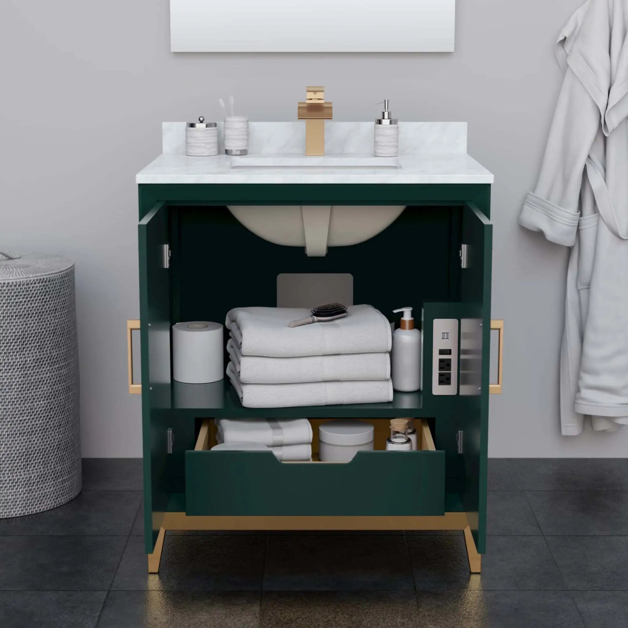 30" Marlena Single Bathroom Vanity in Green with Satin Bronze Trim by Wyndham