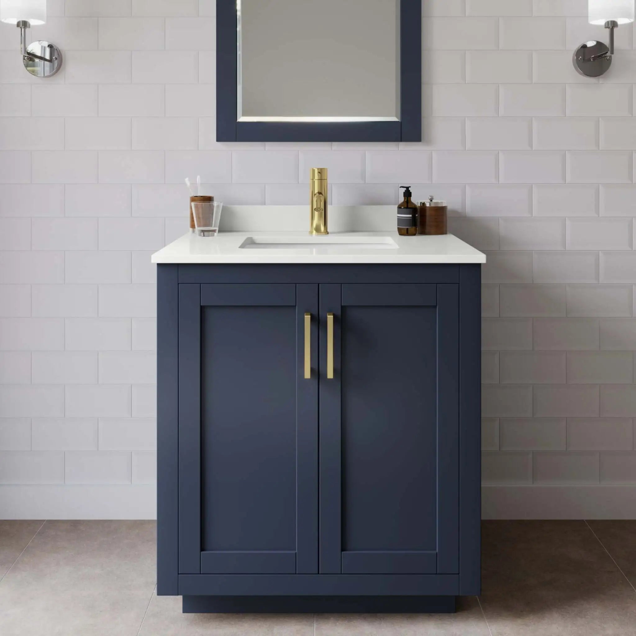 30" Miranda Single Bathroom Vanity in Dark Blue with Brushed Gold Trim & 24" Mirror by Wyndham