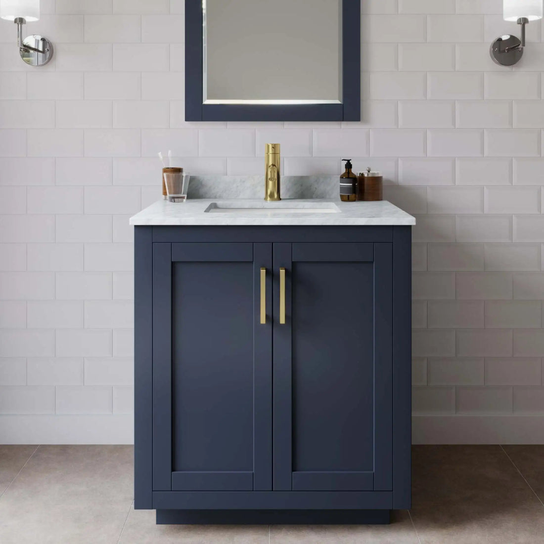 30" Miranda Single Bathroom Vanity in Dark Blue with Brushed Gold Trim by Wyndham