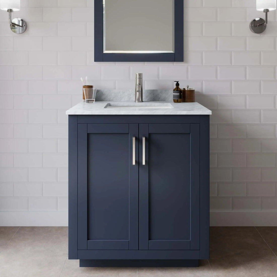 30" Miranda Single Bathroom Vanity in Dark Blue with Brushed Nickel Trim & 24" Mirror by Wyndham