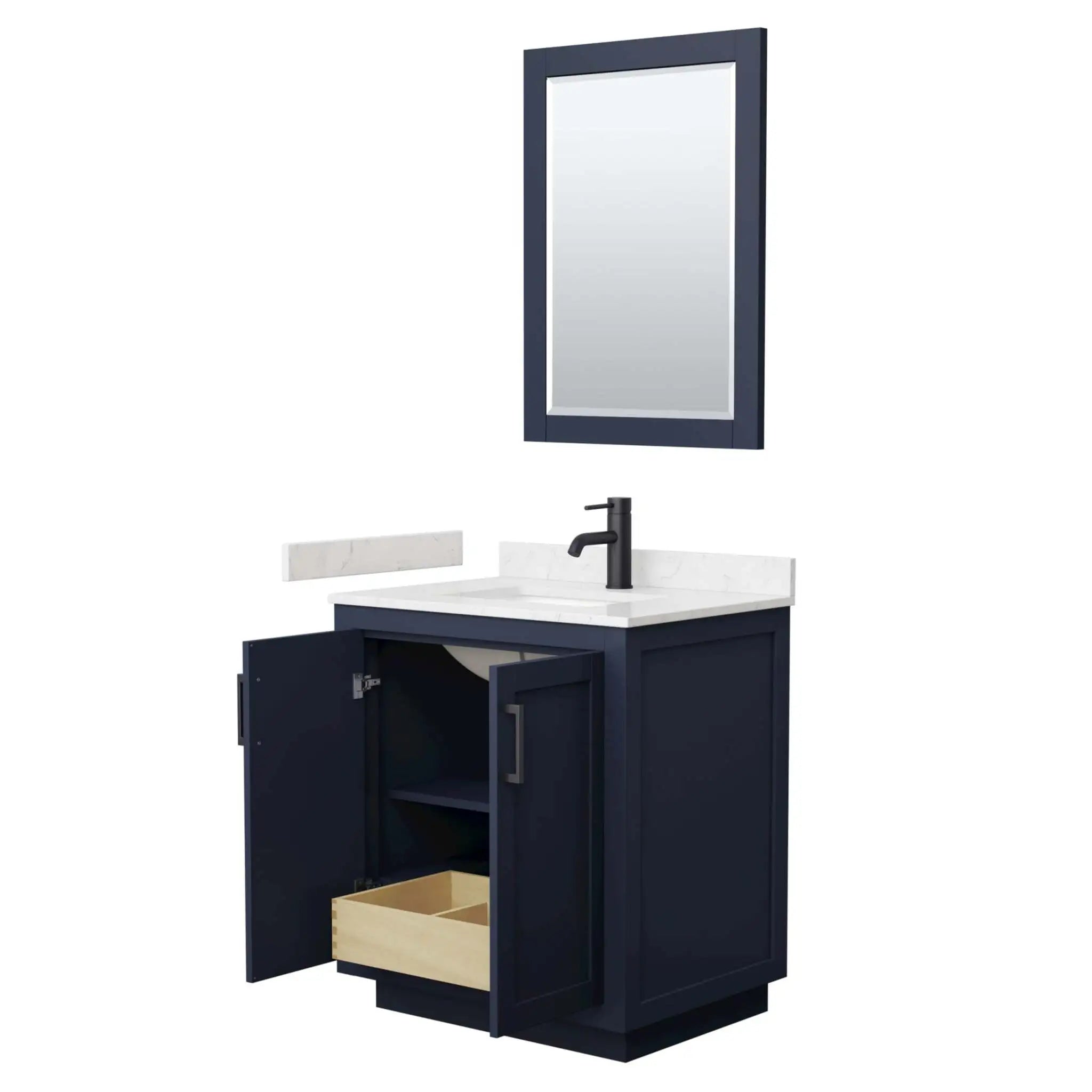 30" Miranda Single Bathroom Vanity in Dark Blue with Matte Black Trim & 24" Mirror by Wyndham