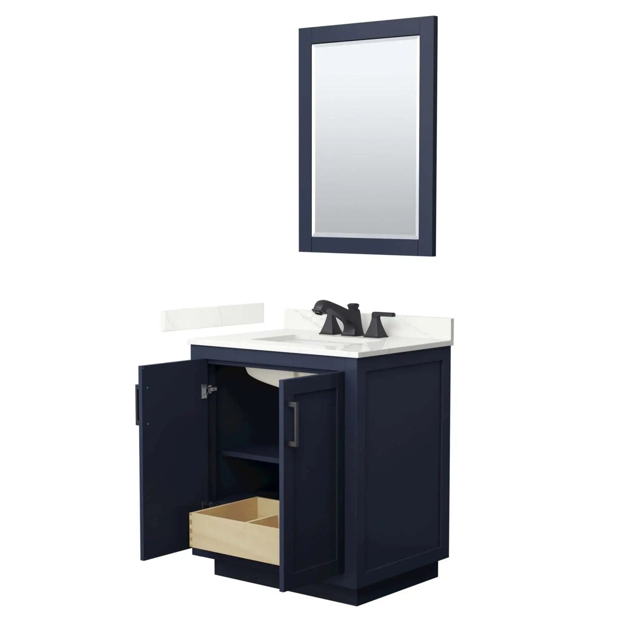 30" Miranda Single Bathroom Vanity in Dark Blue with Matte Black Trim & 24" Mirror by Wyndham