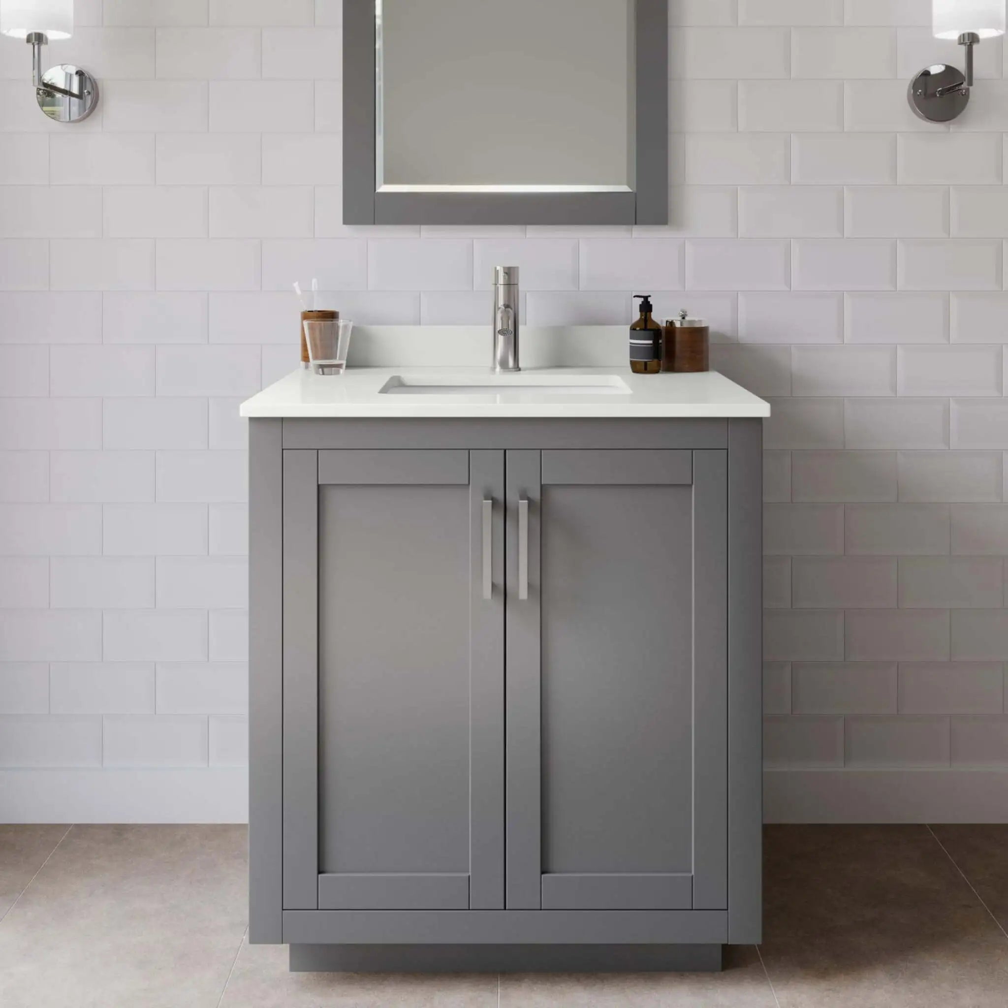 30" Miranda Single Bathroom Vanity in Dark Gray with Brushed Nickel Trim & 24" Mirror by Wyndham